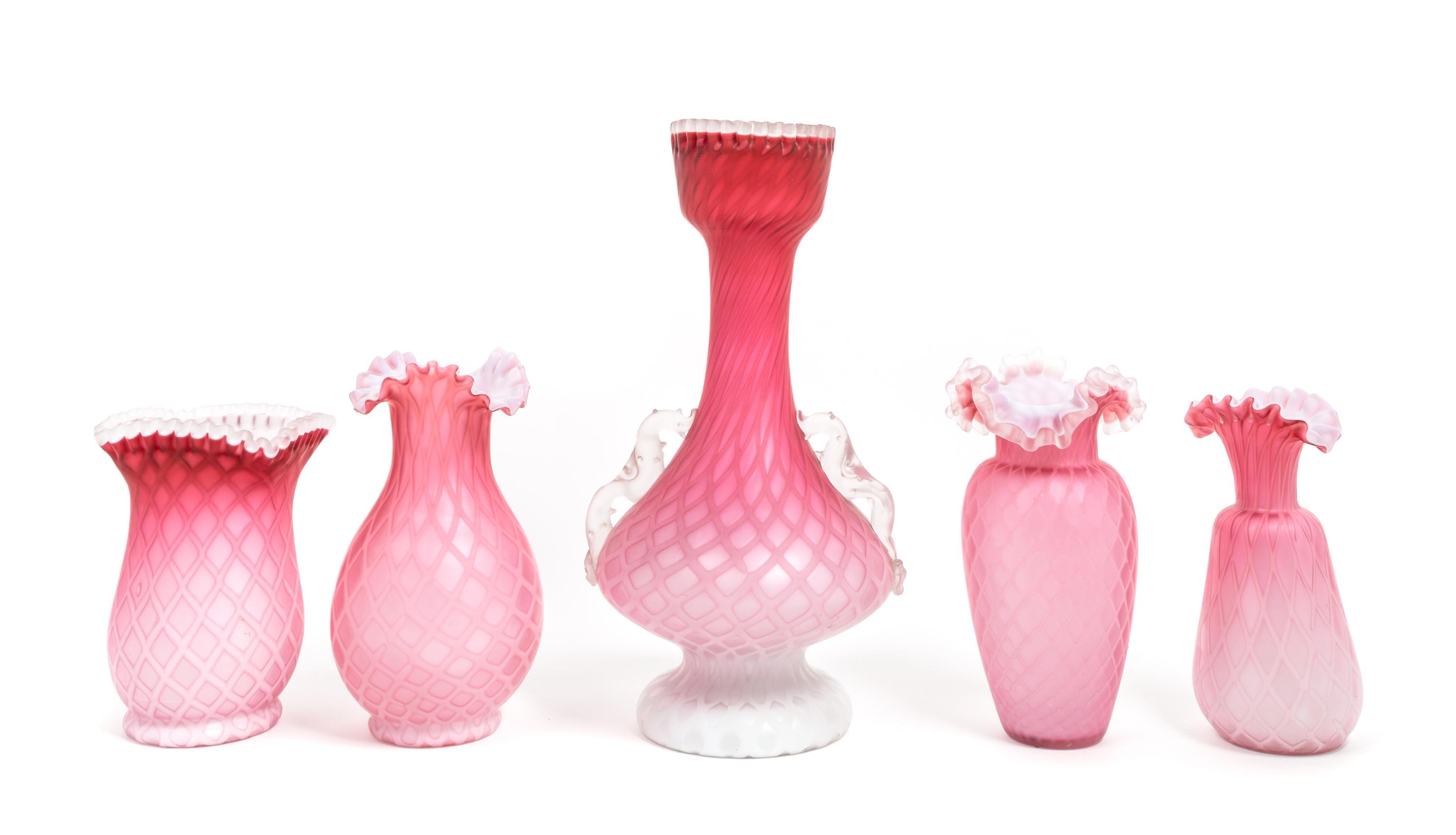Five Victorian Mother-of-Pearl Satin Glass Vases Height of tallest 12 3/8 inches — 19TH CENTURY