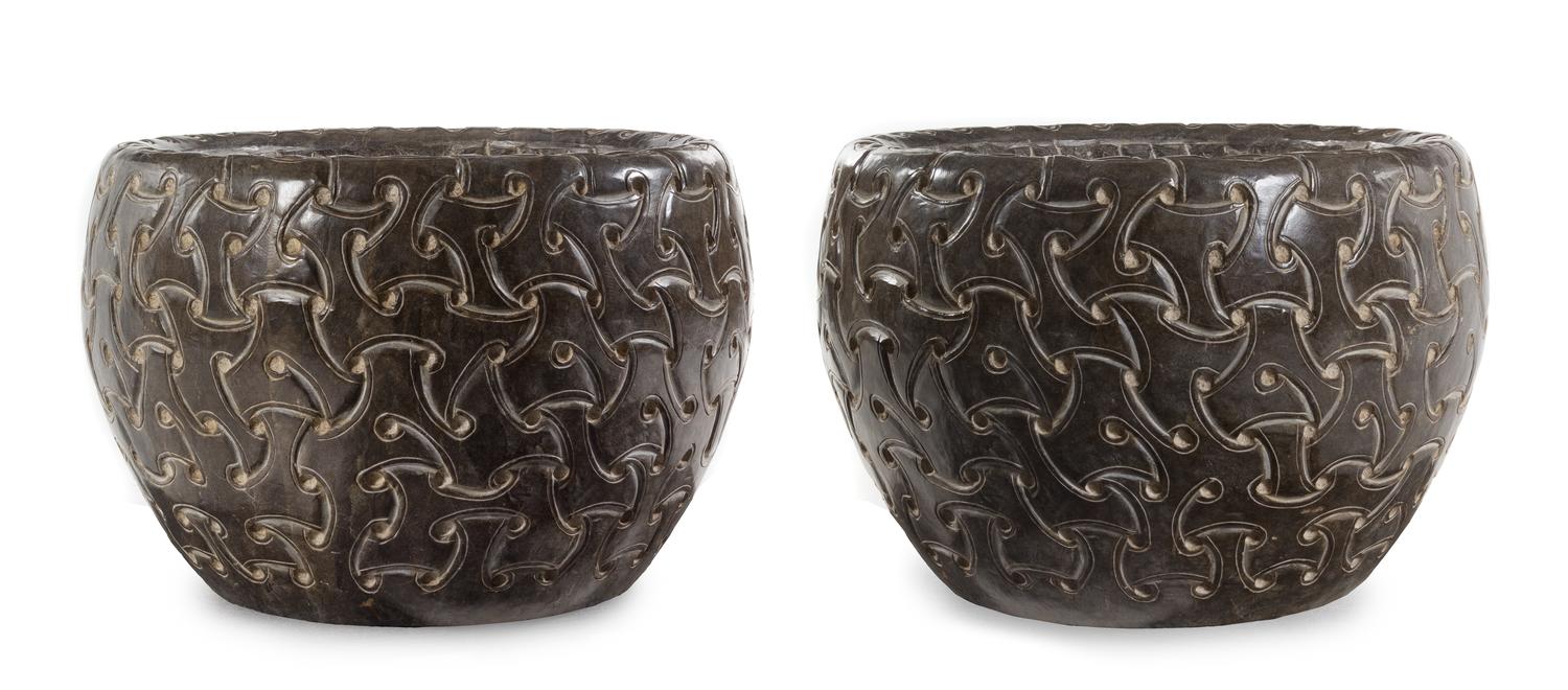 A Pair of Celtic Style Carved Stone Jardinieres Height 16 1/2 x diameter 23 inches. — 20TH CENTURY