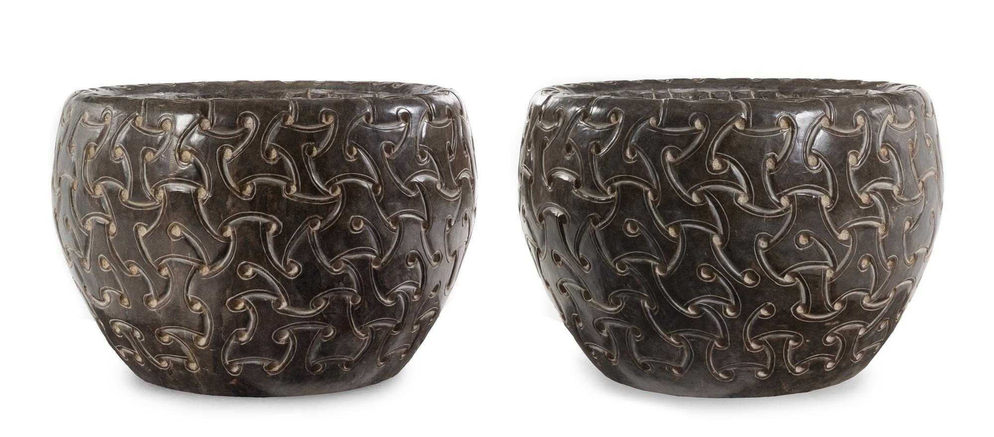 A Pair of Celtic Style Carved Stone Jardinieres Height 16 1/2 x diameter 23 inches. — 20TH CENTURY