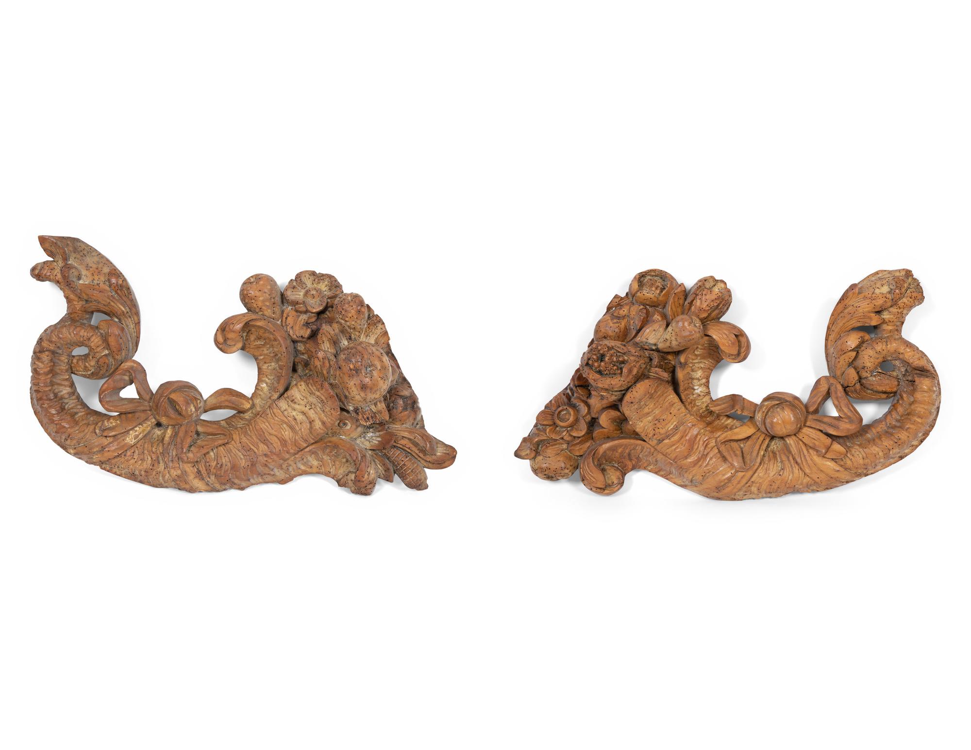 A Pair of Continental Carved Fruitwood Cornucopia Wall Appliques