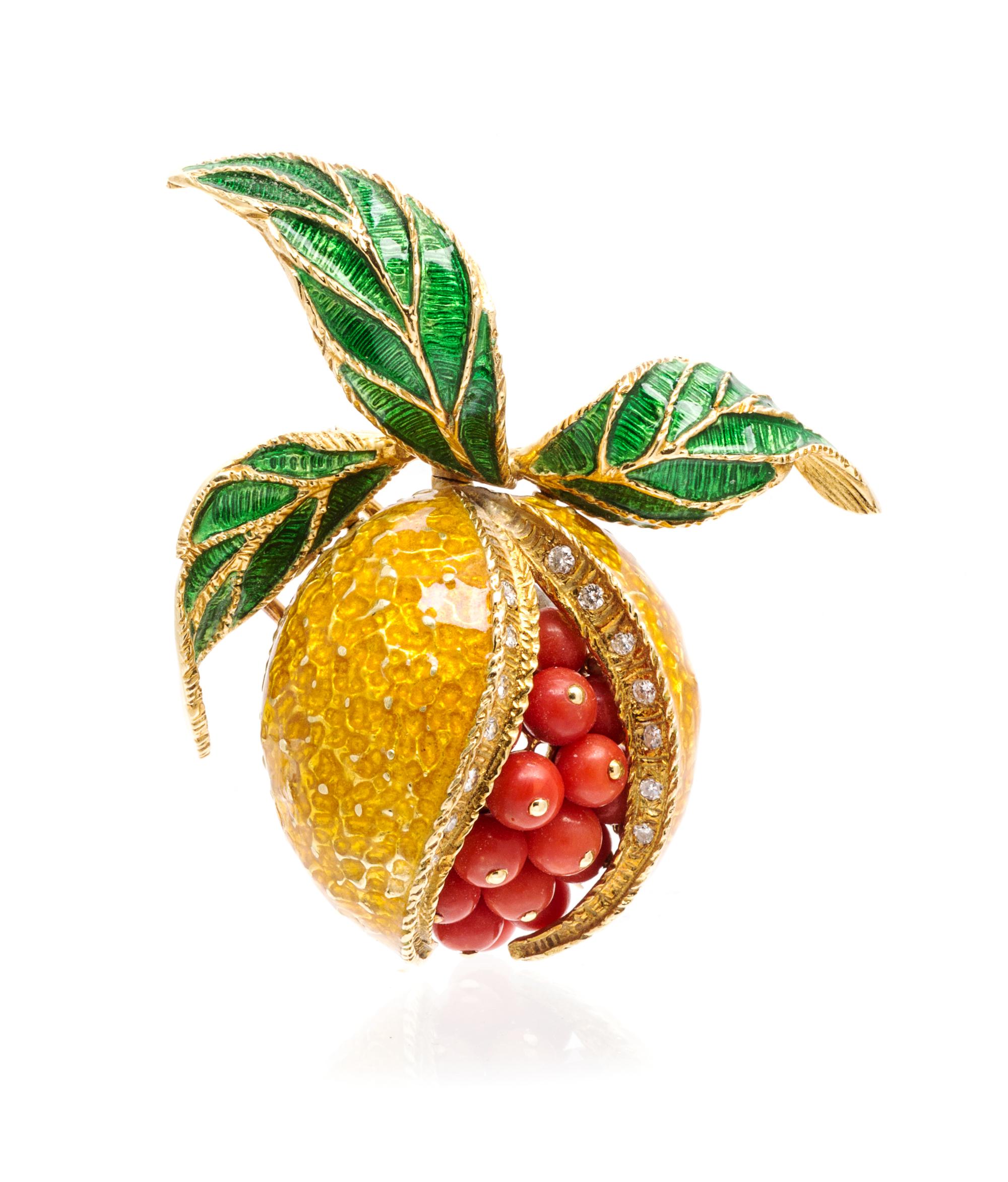 An 18 Karat Yellow Gold, Coral, Diamond and Polychrome Enamel Pomegranate Brooch, 26.90 dwts.