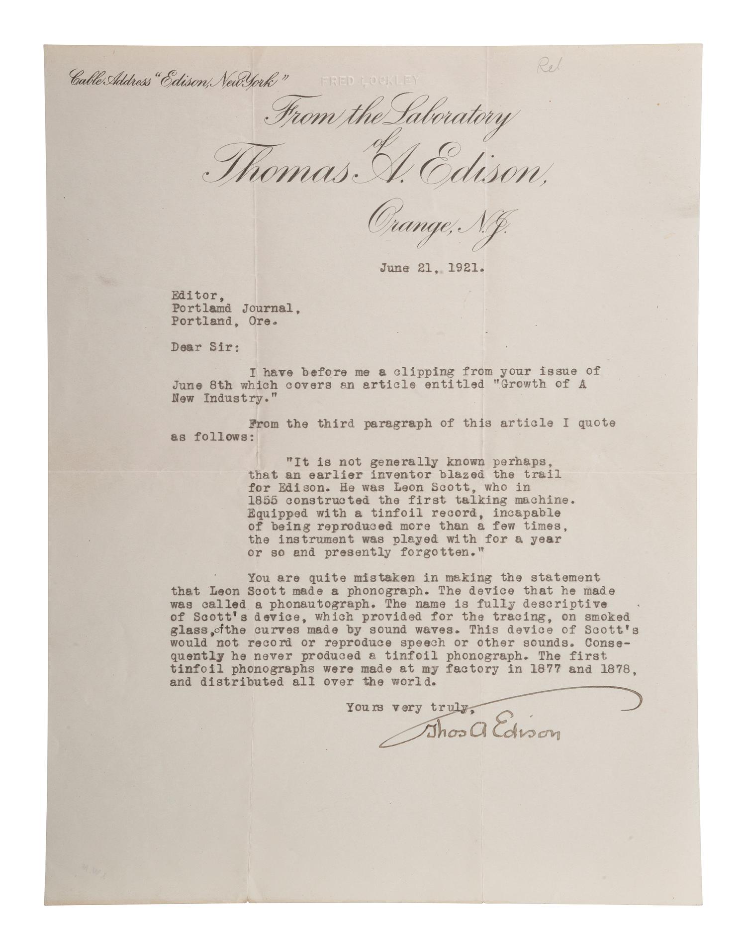 EDISON, Thomas (1847-1931). Typed letter signed ("Thos A Edison"). Orange, NY, 21 June 1921. [ With: ] Projecting Kinetoscope pamphlet.