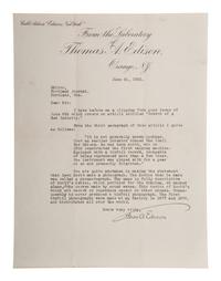 EDISON, Thomas (1847-1931). Typed letter signed ("Thos A Edison"). Orange, NY, 21 June 1921. [ With: ] Projecting Kinetoscope pamphlet.