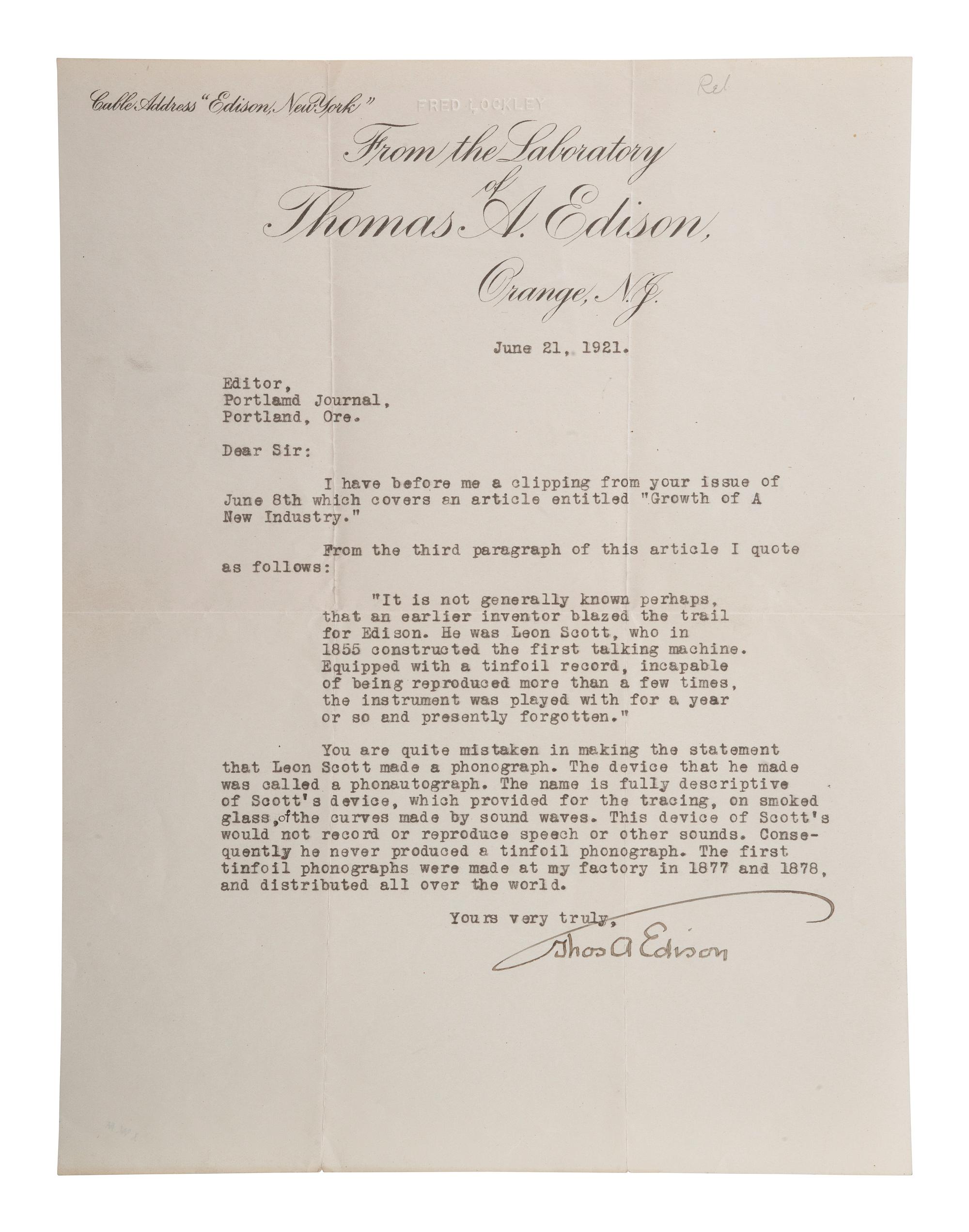 EDISON, Thomas (1847-1931). Typed letter signed ("Thos A Edison"). Orange, NY, 21 June 1921. [ With: ] Projecting Kinetoscope pamphlet.