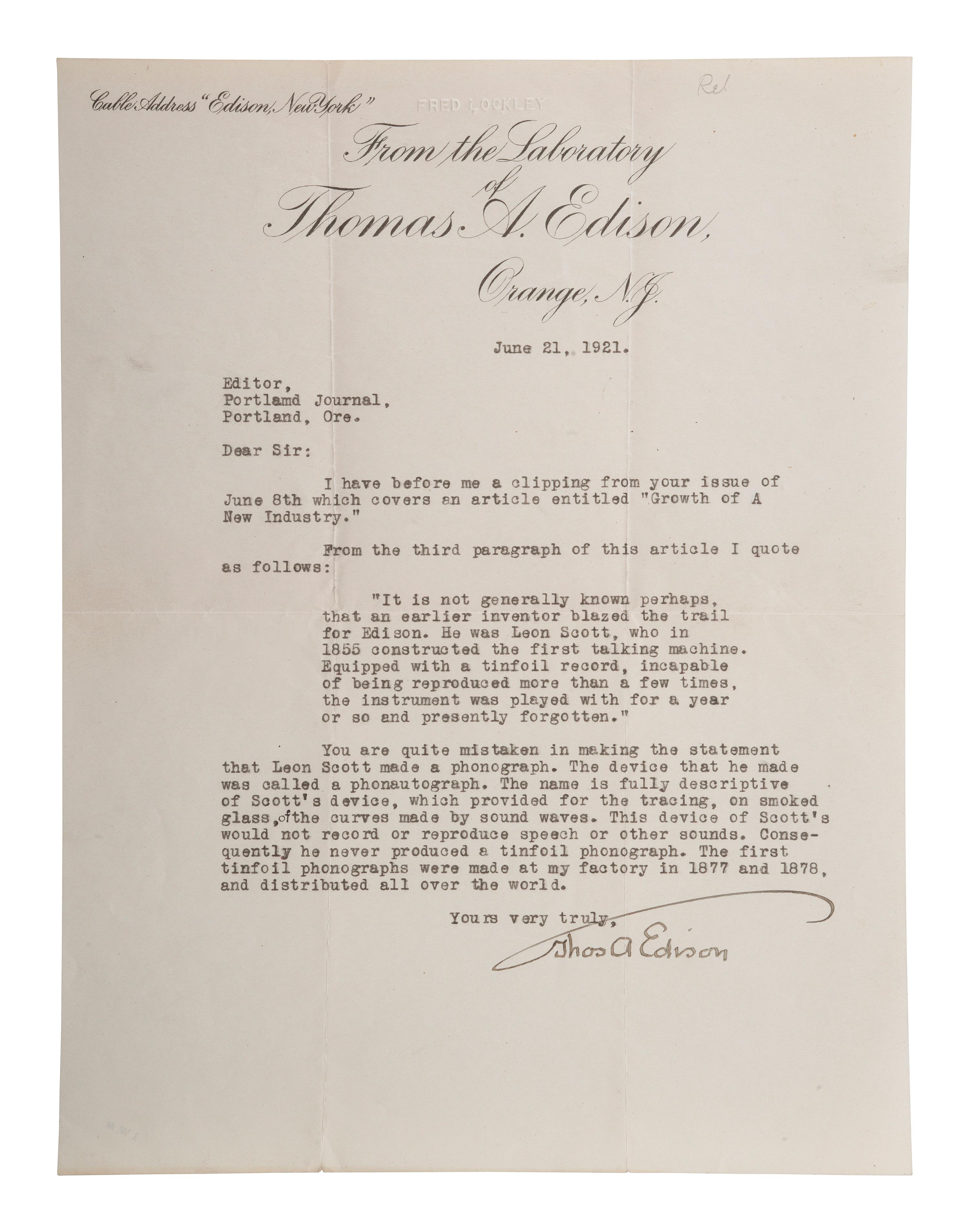 EDISON, Thomas (1847-1931). Typed letter signed ("Thos A Edison"). Orange, NY, 21 June 1921. [ With: ] Projecting Kinetoscope pamphlet.