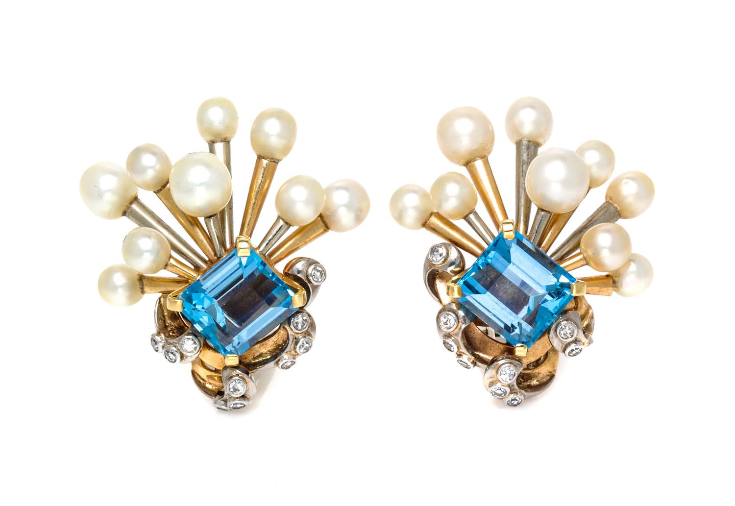 A Pair of Two Tone Gold, Aquamarine, Cultured Pearl and Diamond Earclips, Seaman Schepps, Circa 1940, 14.90 dwts.