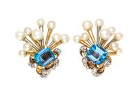 A Pair of Two Tone Gold, Aquamarine, Cultured Pearl and Diamond Earclips, Seaman Schepps, Circa 1940, 14.90 dwts.