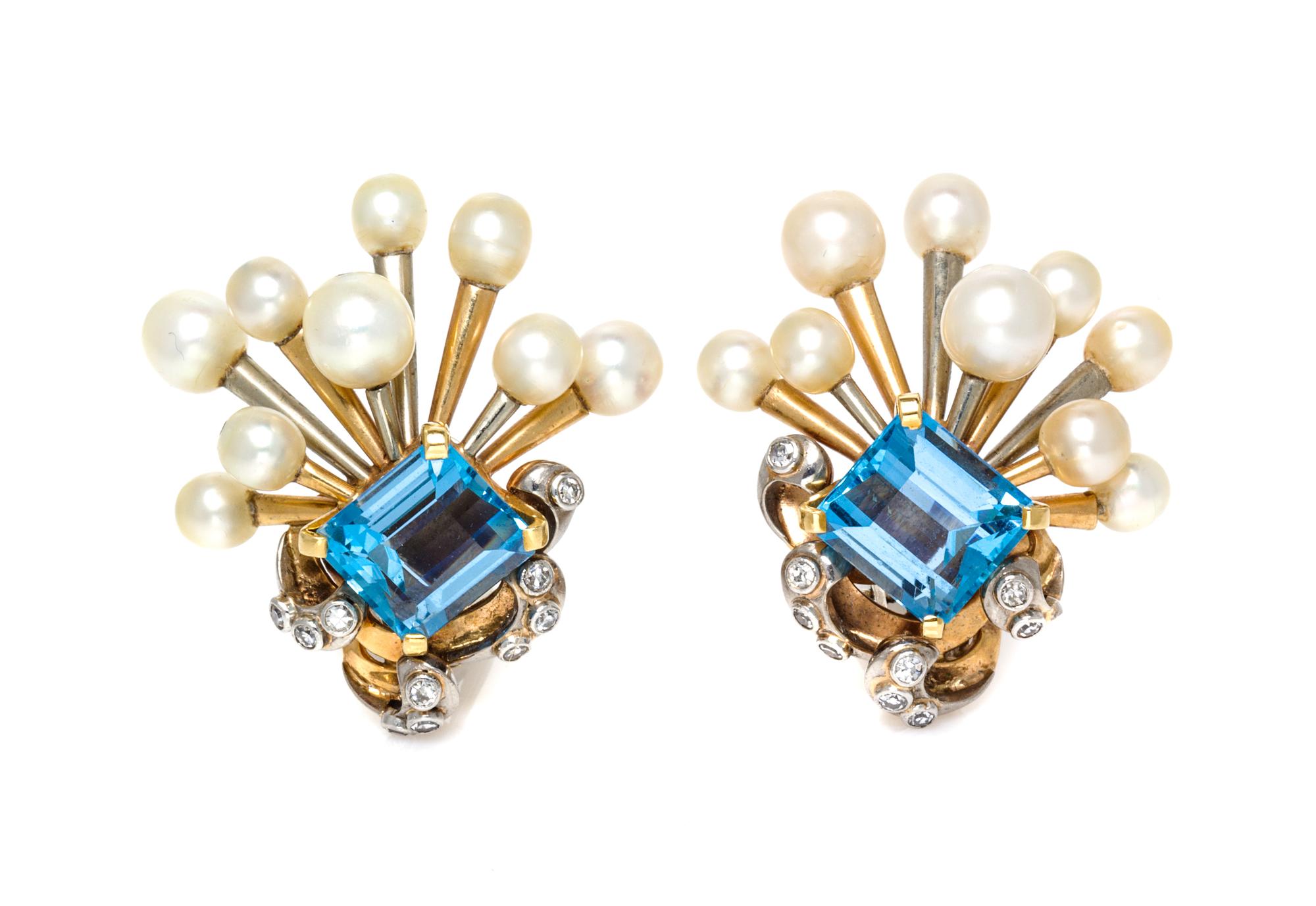 A Pair of Two Tone Gold, Aquamarine, Cultured Pearl and Diamond Earclips, Seaman Schepps, Circa 1940, 14.90 dwts.