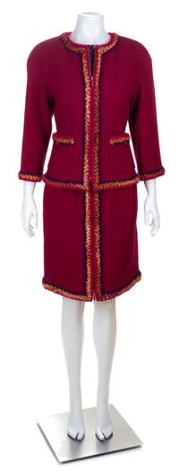 A Chanel Raspberry Wool Boucle Skirt Suit Ensemble, Size 40.