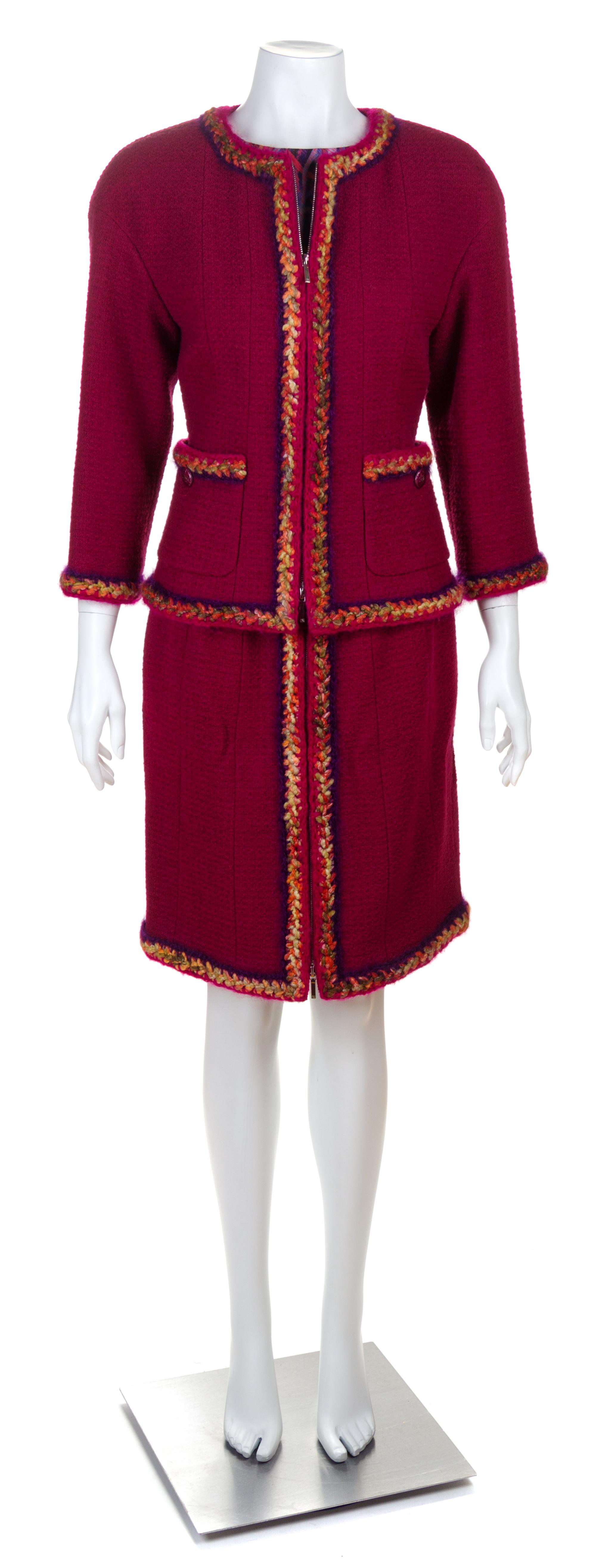A Chanel Raspberry Wool Boucle Skirt Suit Ensemble, Size 40.