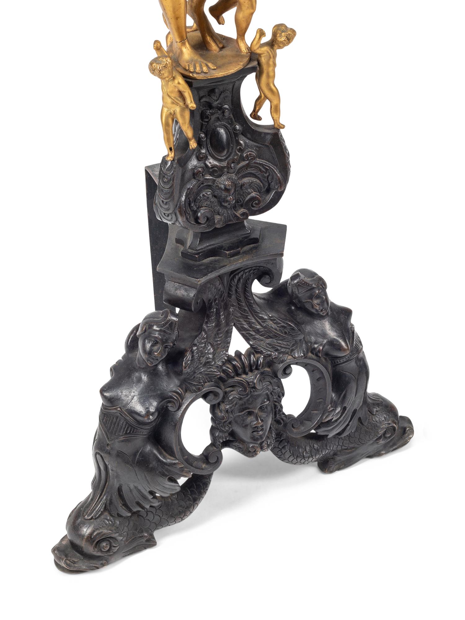 A Pair of Large Baroque Style Gilt and Patinated Bronze Figural Chenets
