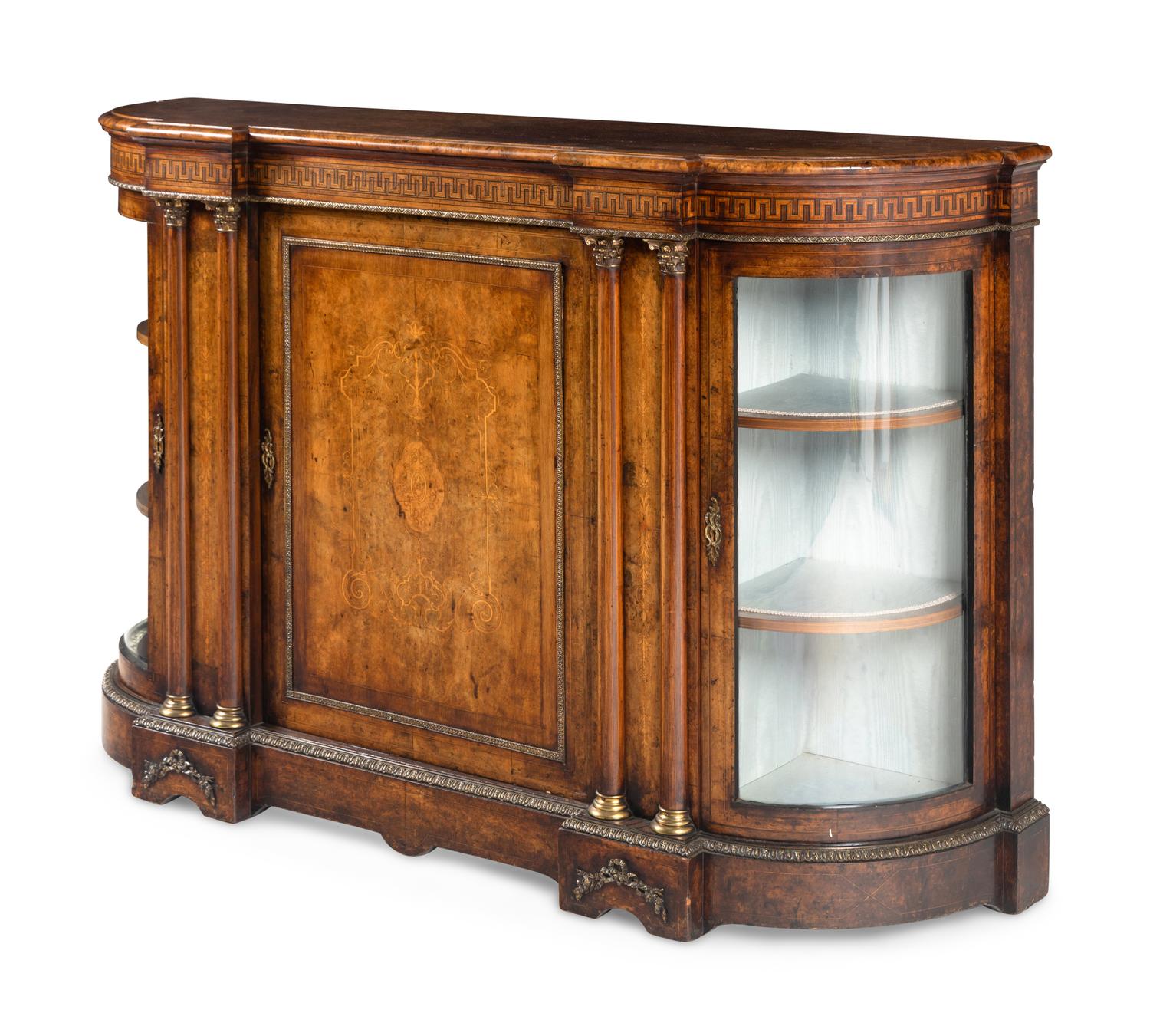 An English Gilt Metal Mounted Walnut and Marquetry Serving Cabinet