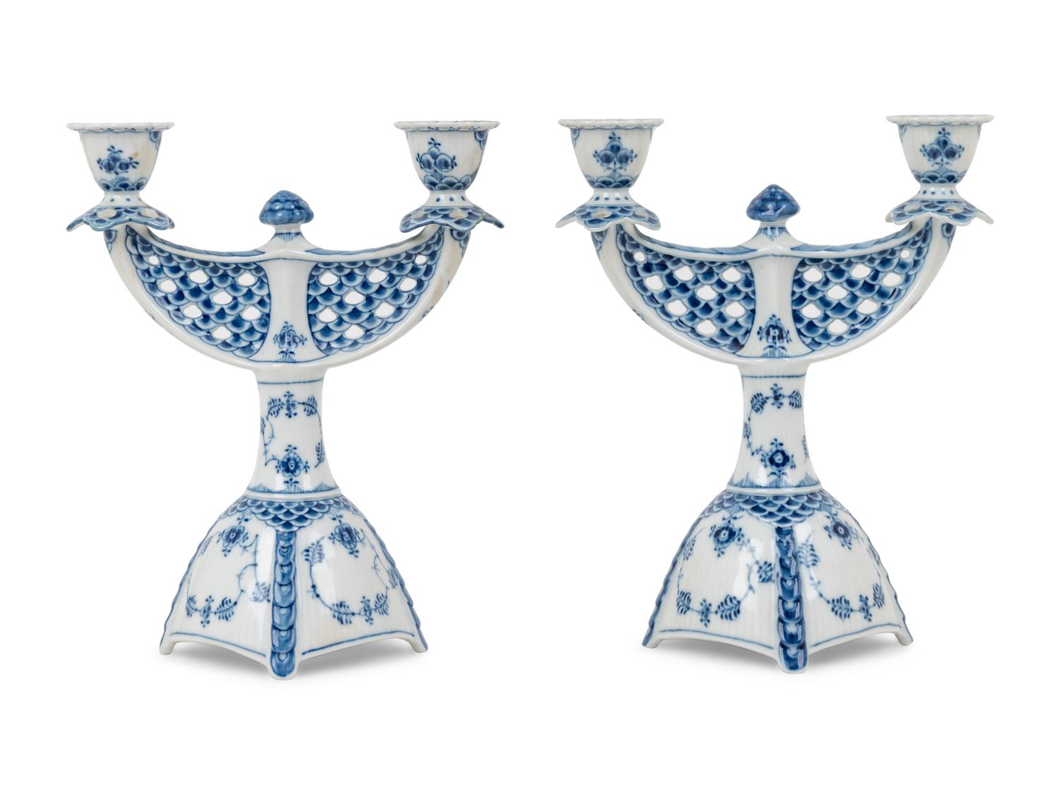 A Pair of Royal Copenhagen Full Lace Porcelain Candelabra