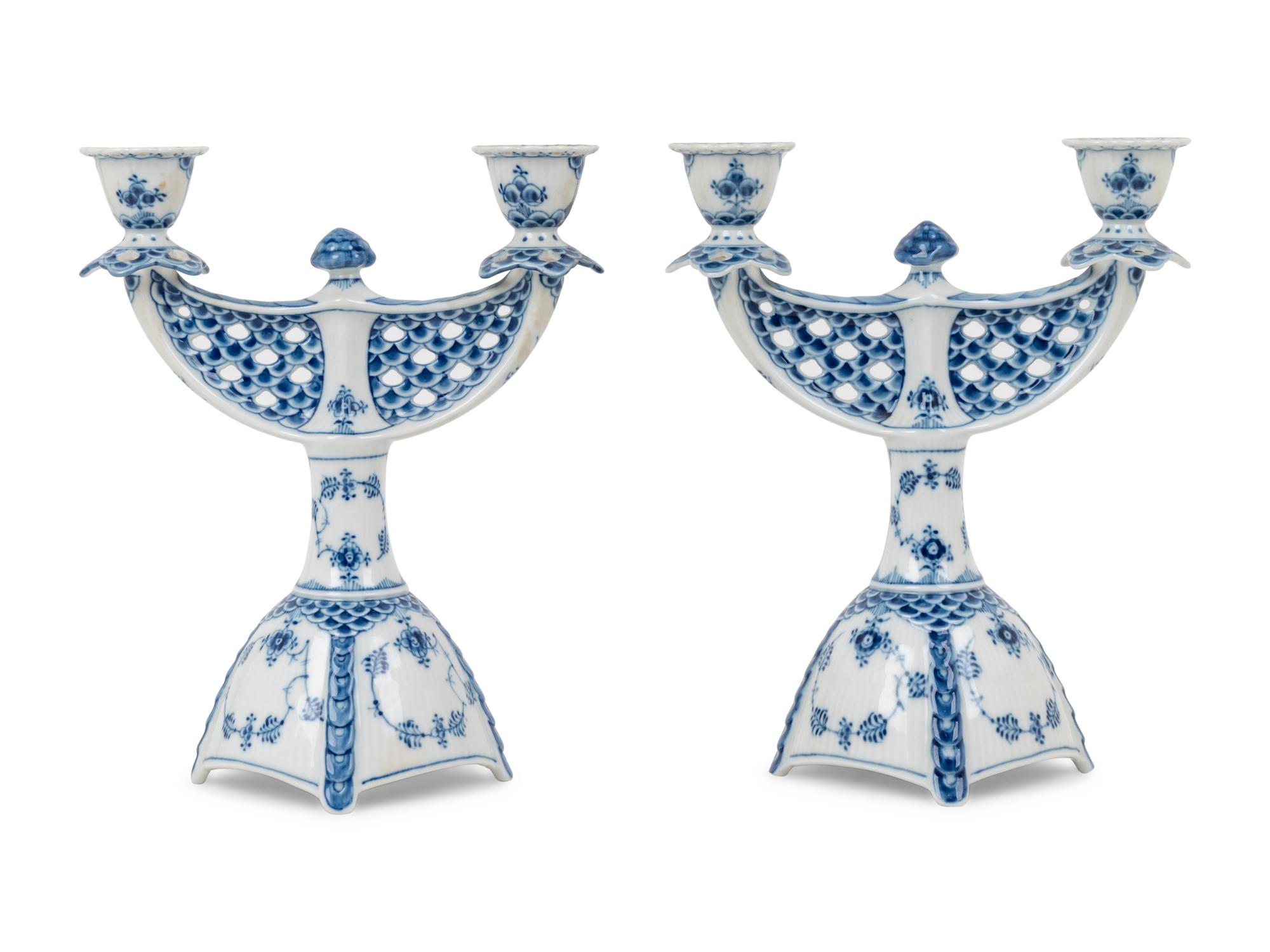 A Pair of Royal Copenhagen Full Lace Porcelain Candelabra