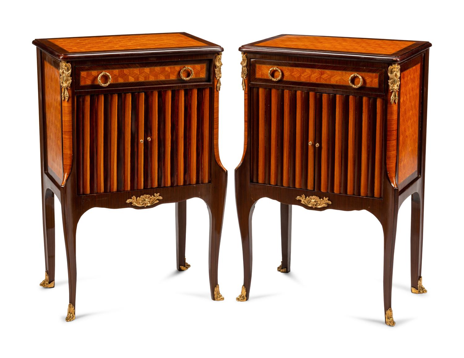 A Pair of Louis XV Style Gilt Bronze Mounted Parquetry Side Tables