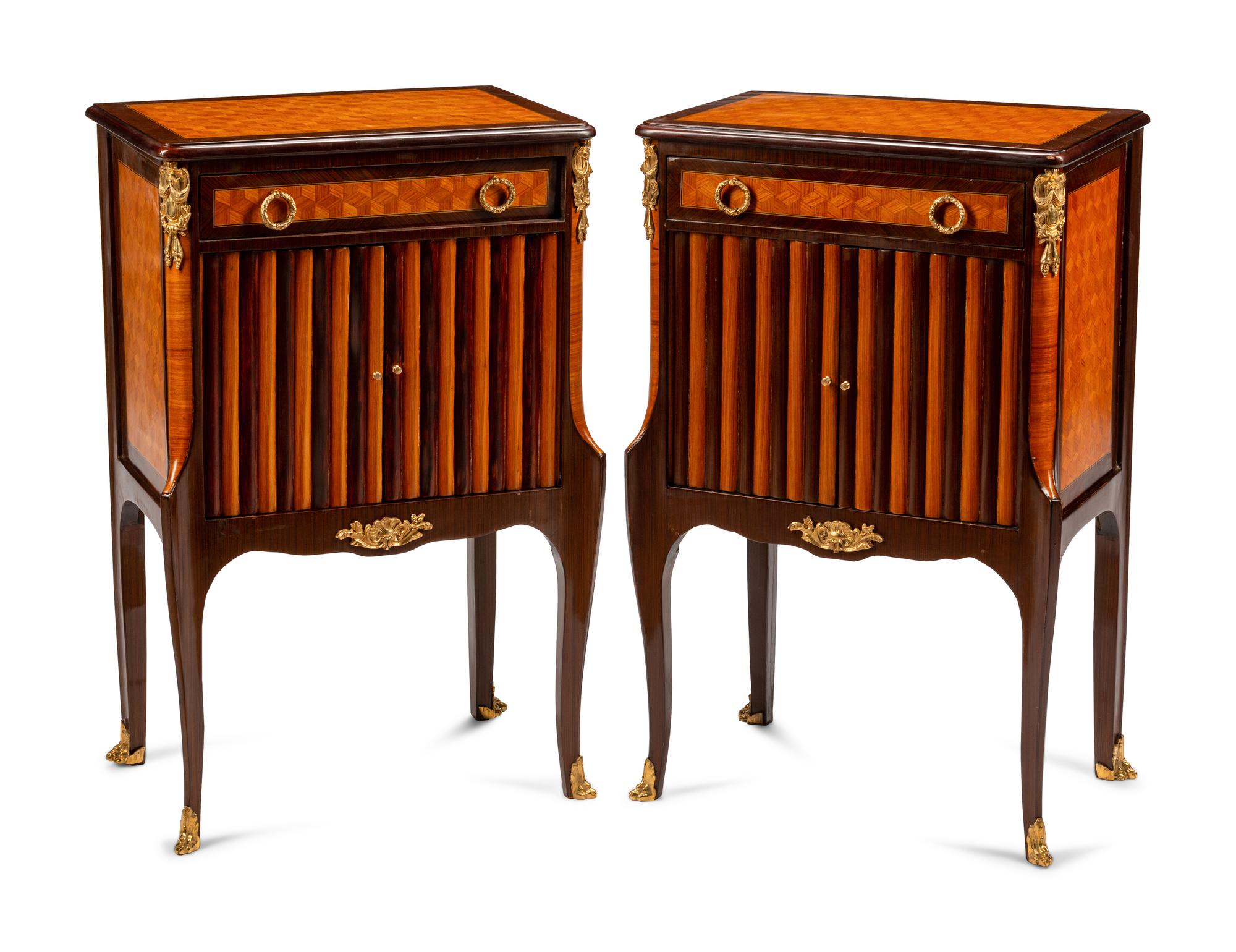 A Pair of Louis XV Style Gilt Bronze Mounted Parquetry Side Tables