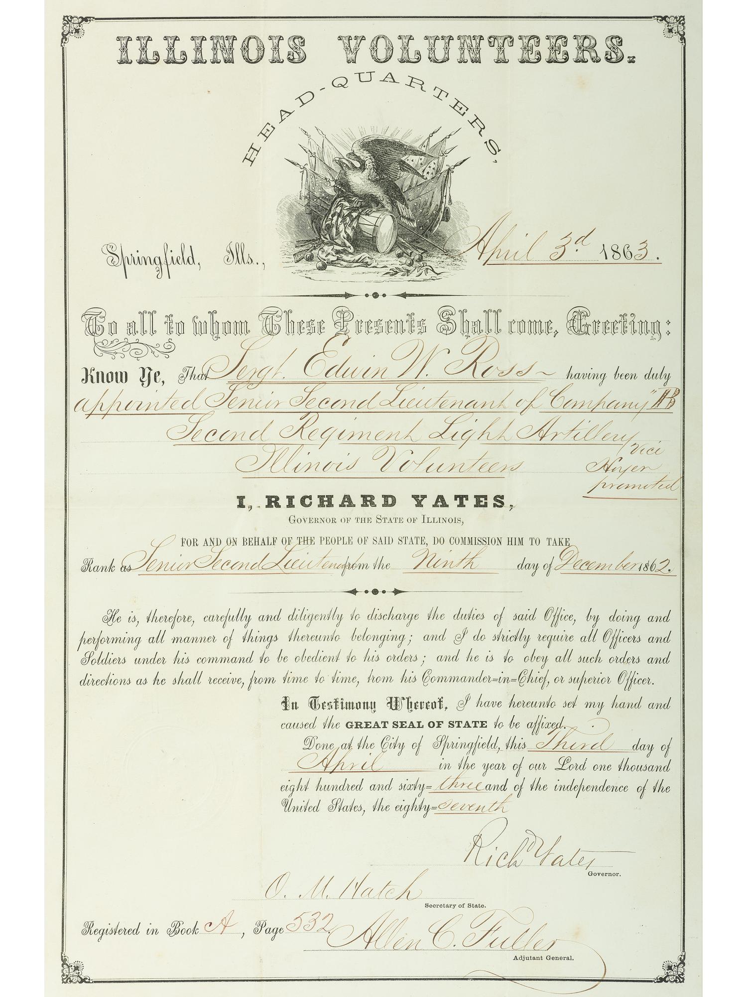 [CIVIL WAR]. Illinois Volunteers appointment for Sergeant Edwin W. Ross, Battery B, Illinois 2nd Light Artillery.