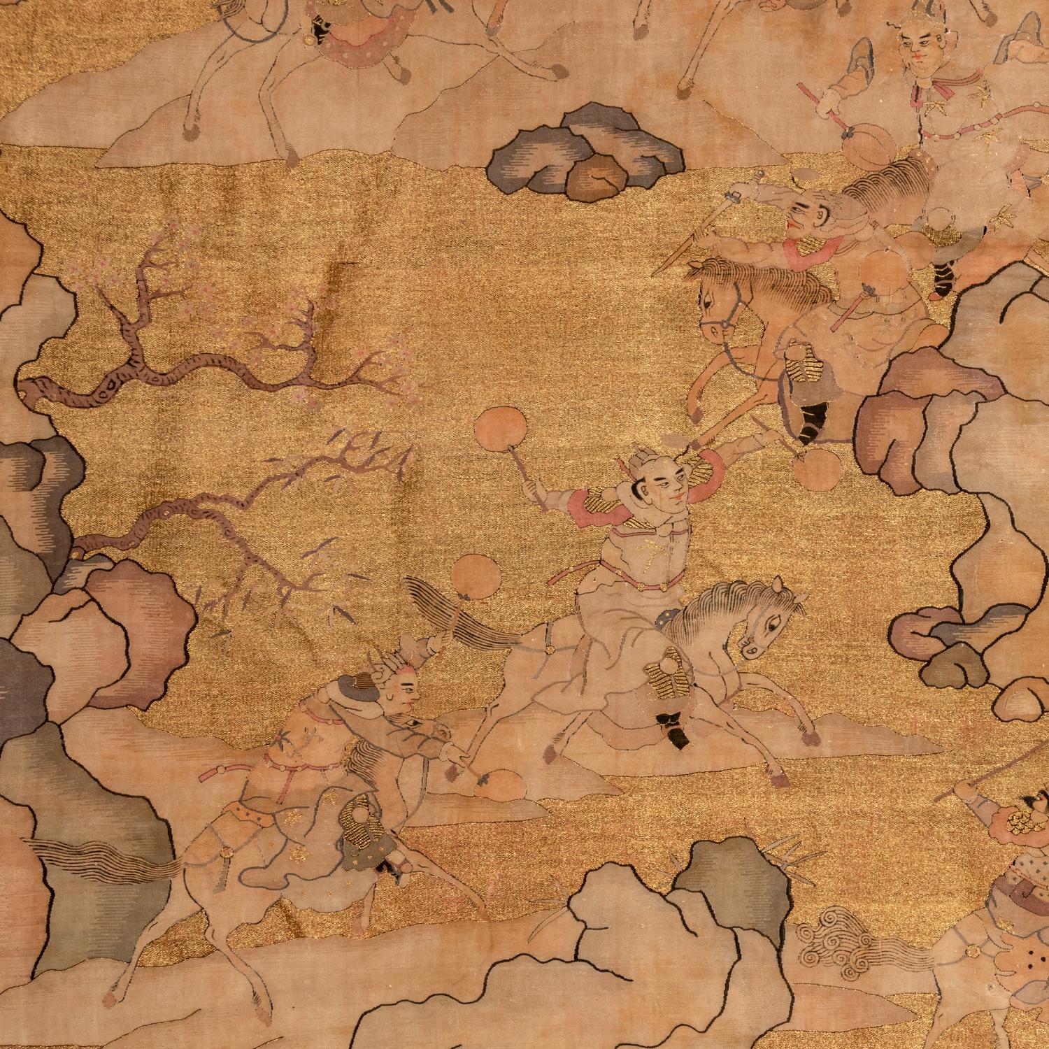 A Large Chinese Kesi 'Three Kingdom ' Silk Panel and Two Small Fragments, Late 19th Century 清晚期 金地緙絲三國故事圖挂賬及人物故事圖兩幅
