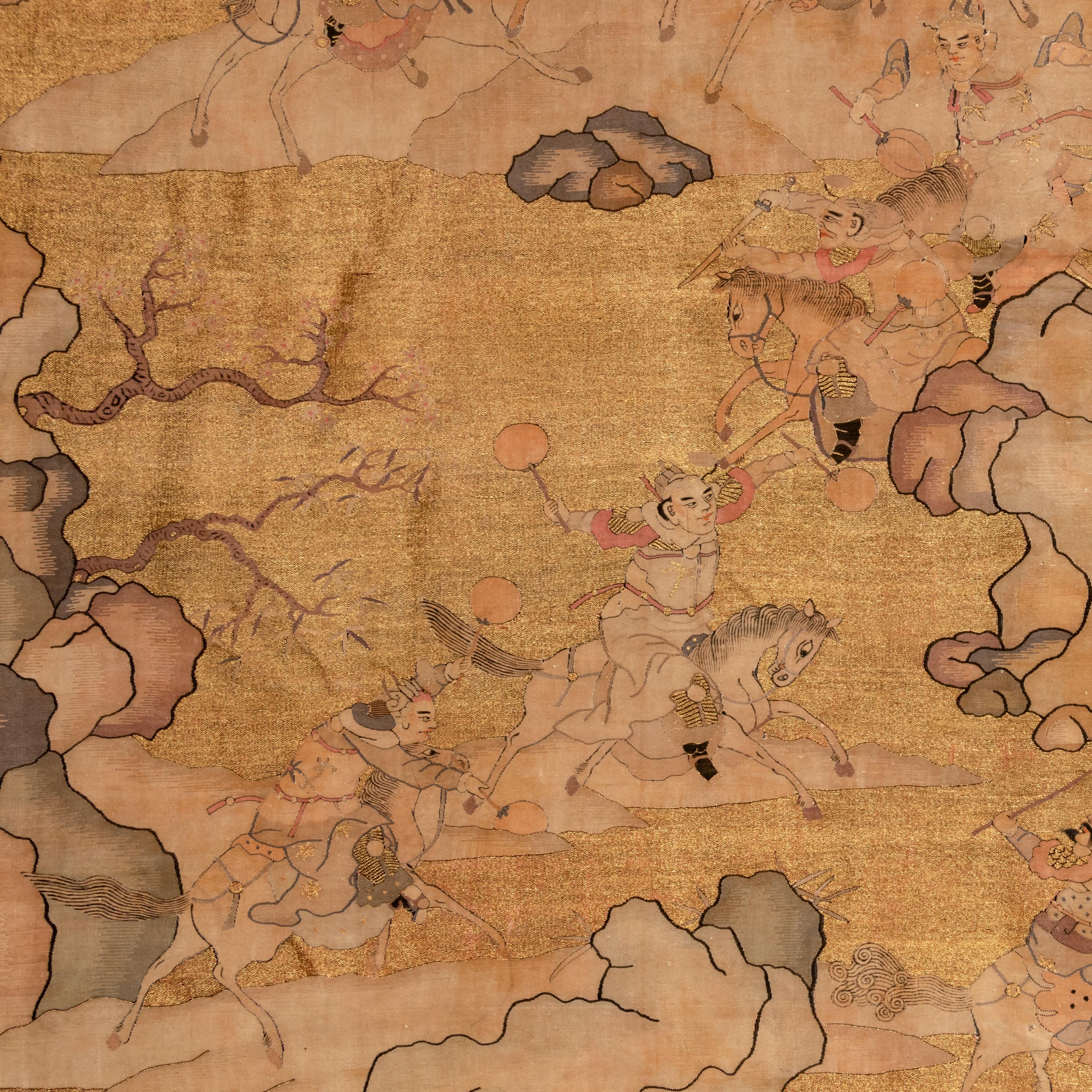 A Large Chinese Kesi 'Three Kingdom ' Silk Panel and Two Small Fragments, Late 19th Century 清晚期 金地緙絲三國故事圖挂賬及人物故事圖兩幅