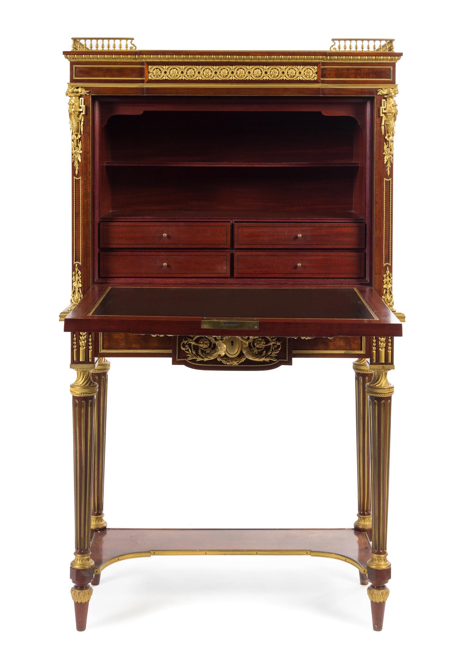 A Louis XVI Style Gilt Bronze Mounted Mahogany Secretaire a Abattant Height 57 x width 32 x depth 14 1/2 inches. — PAUL SORMANI, PARIS, CIRCA 1900