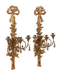 A Pair of Italian Carved Giltwood Three-Light Wall Sconces