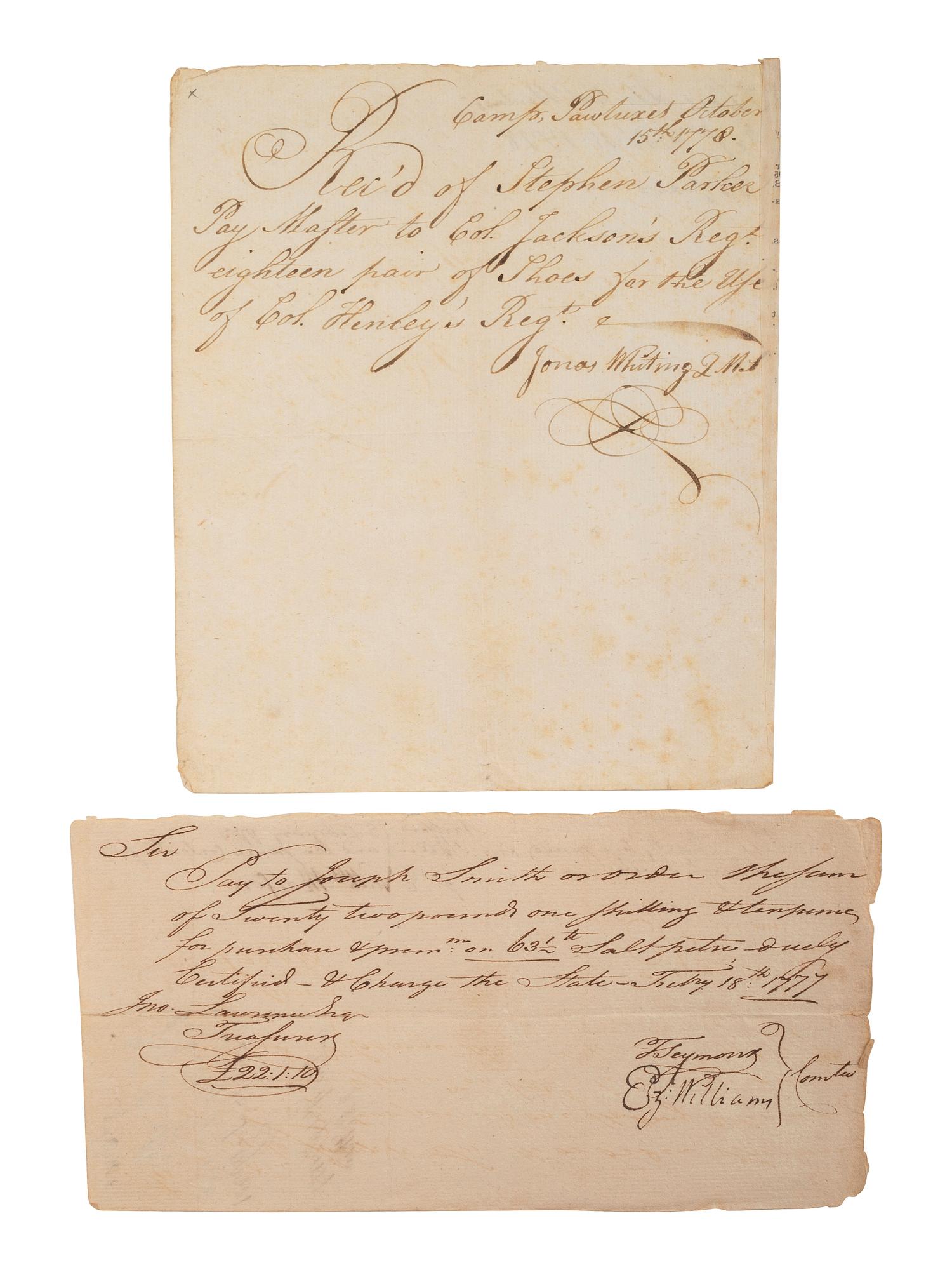[REVOLUTIONARY WAR]. A group of 2 war-date receipts for supplies, comprising: