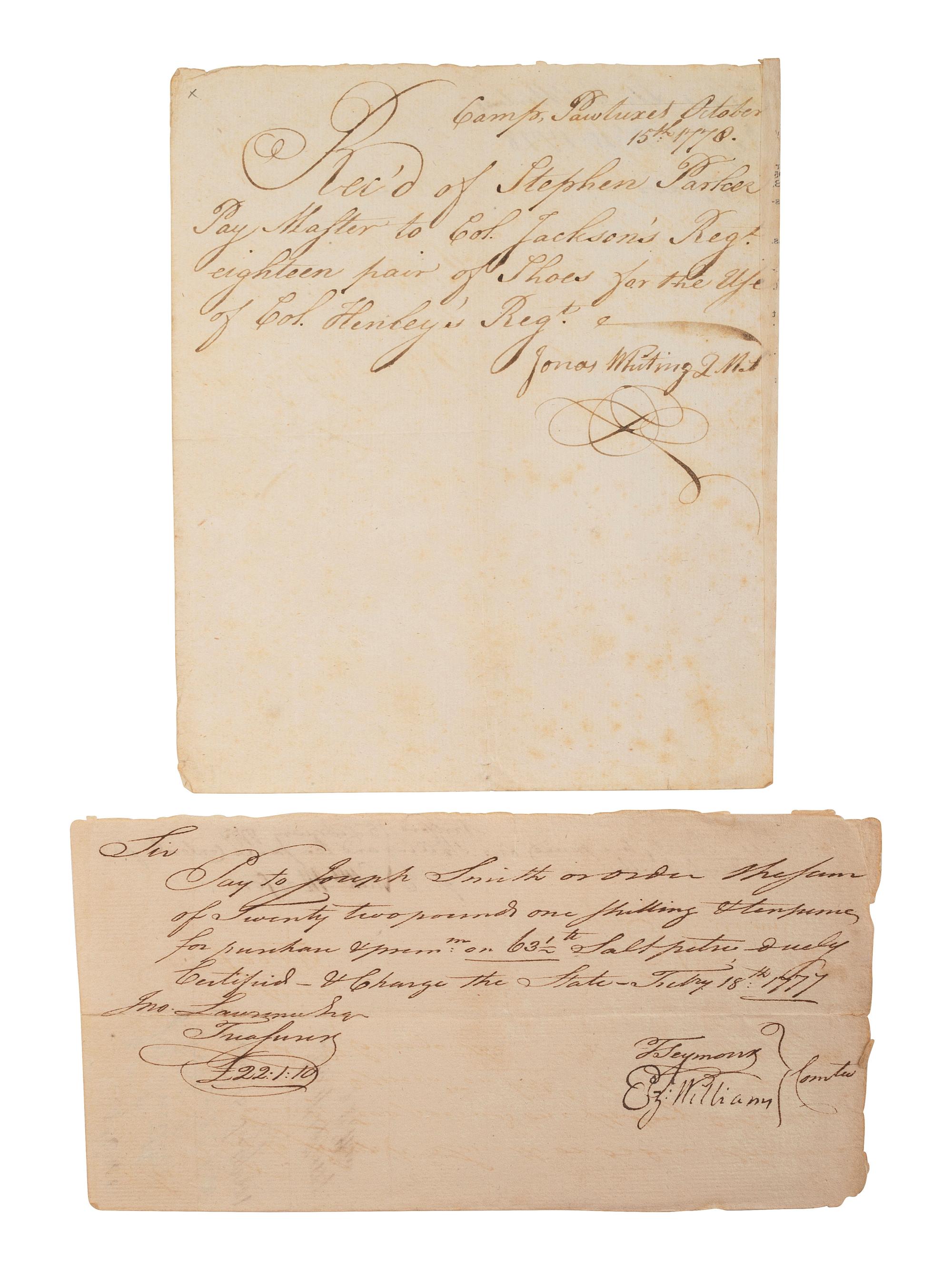 [REVOLUTIONARY WAR]. A group of 2 war-date receipts for supplies, comprising: