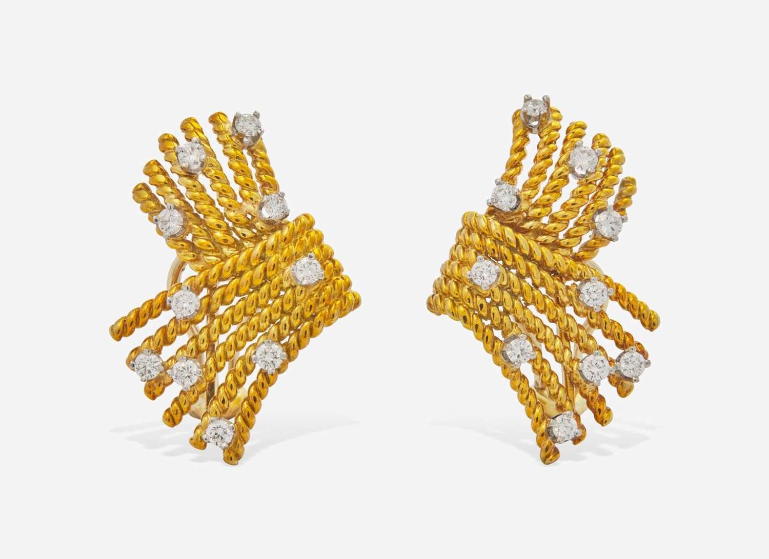 A Pair of 18K Yellow Gold and Diamond Schlumberger Tiffany & Co. Ear Clips