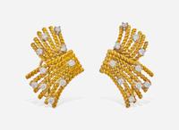 A Pair of 18K Yellow Gold and Diamond Schlumberger Tiffany & Co. Ear Clips