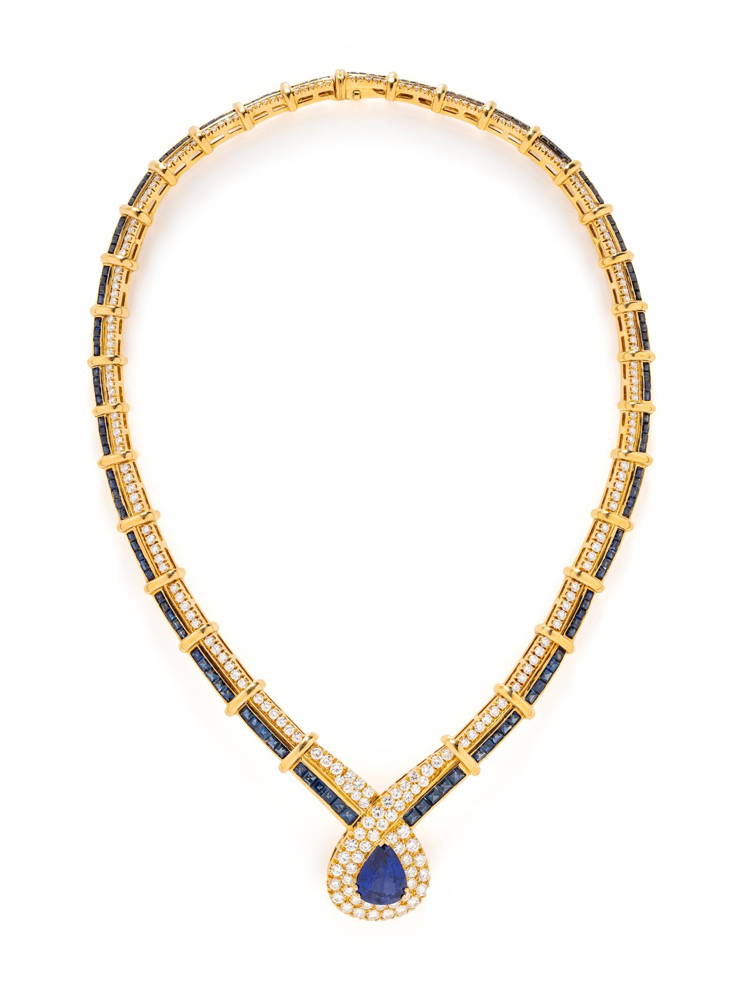 YELLOW GOLD, SAPPHIRE AND DIAMOND NECKLACE