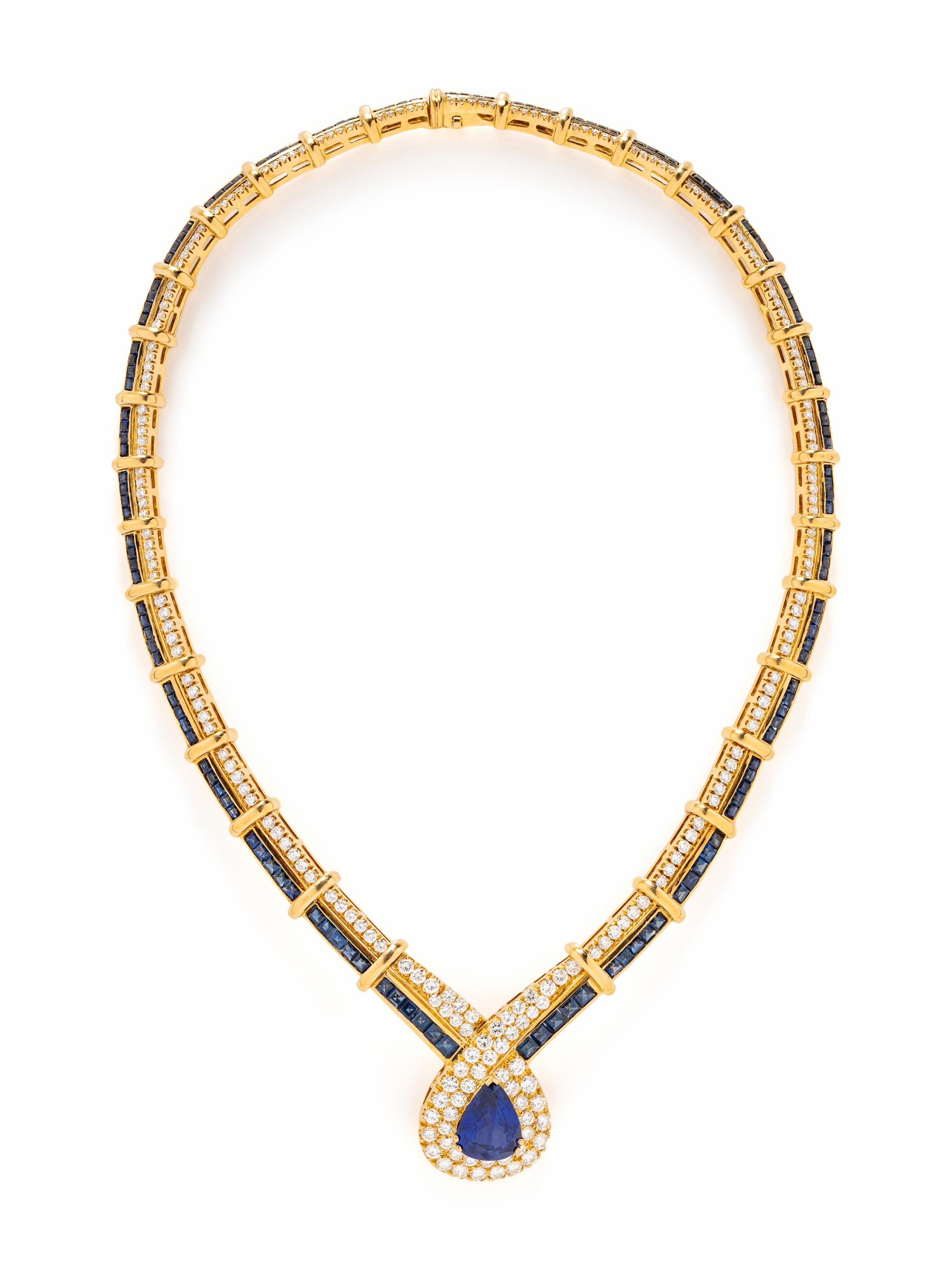 YELLOW GOLD, SAPPHIRE AND DIAMOND NECKLACE