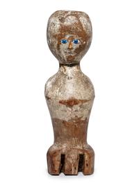 A Folk Art Carved, Painted and Glass Inset Wood Doll "Bed Post" Figure