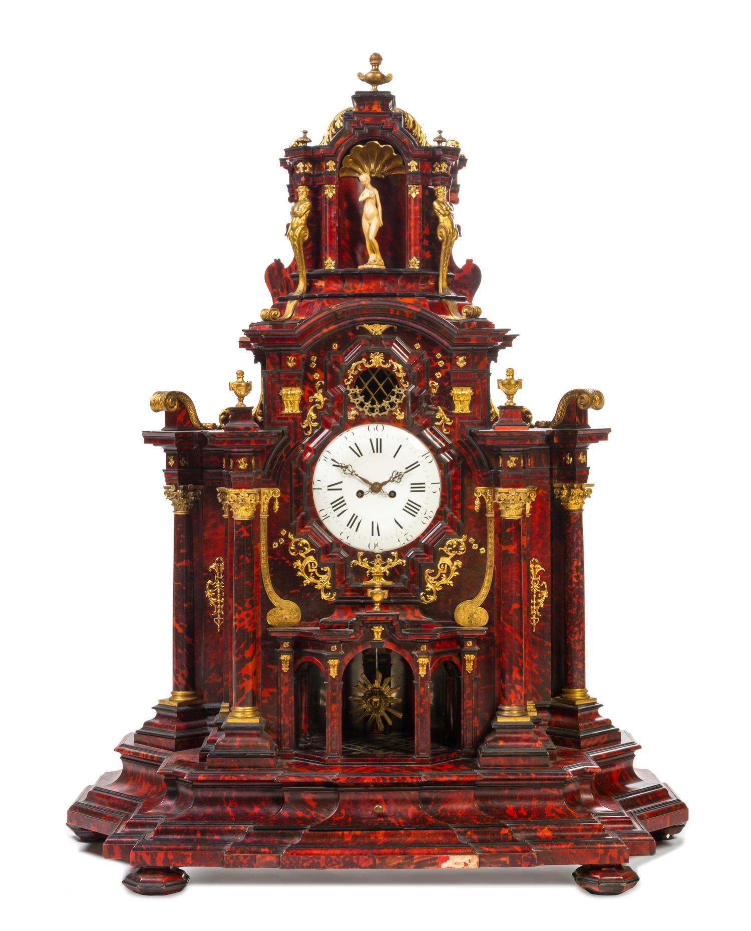 A Dutch Gilt Bronze Mounted Tortoise Shell Veneered Clock Height 52 3/4 x width 41 1/4 x depth 17 3/4 inches. — 17TH CENTURY WITH LATER ELEMENTS