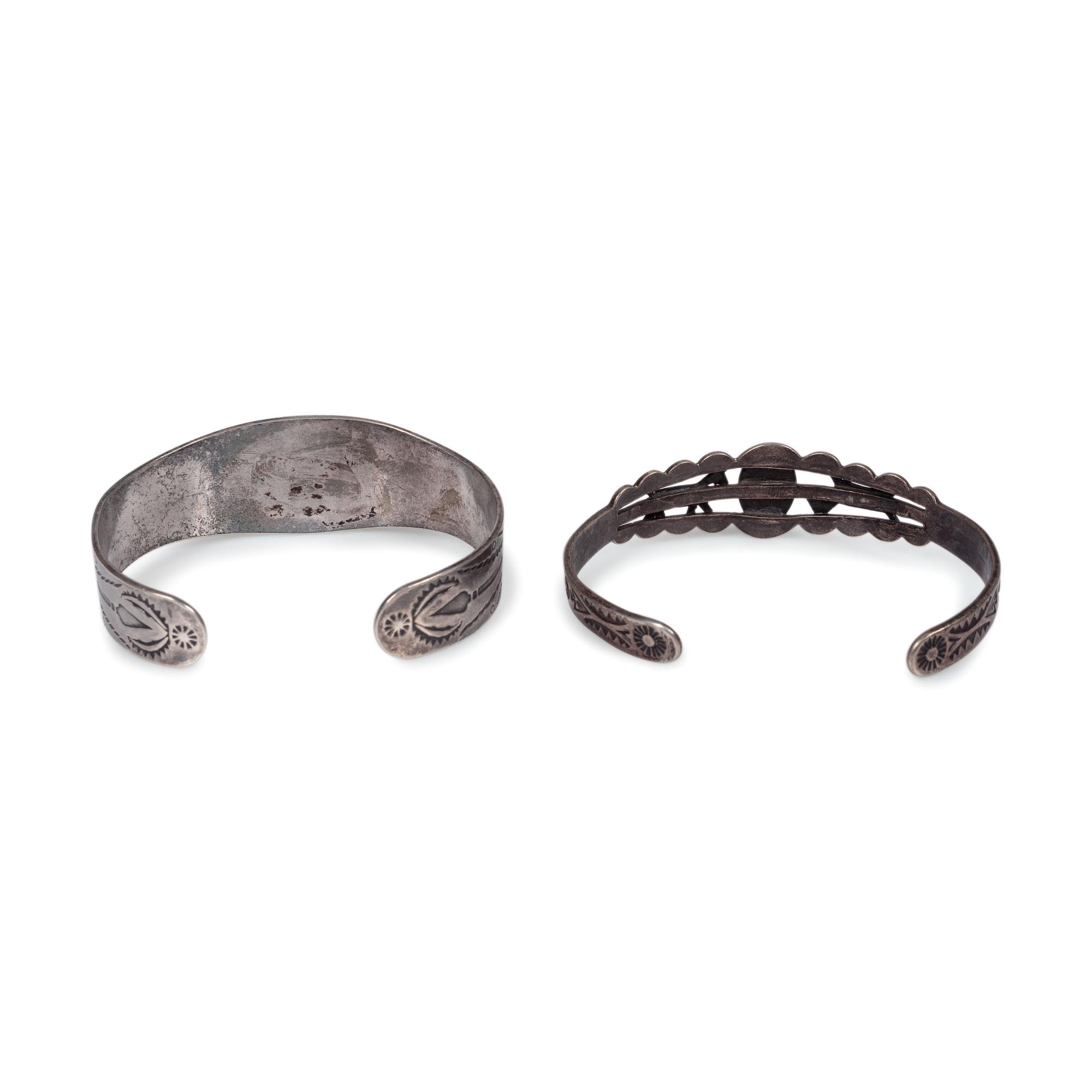 Pair of Fred Harvey Era Silver and Turquoise Cuff Bracelets, with Canine Motifs