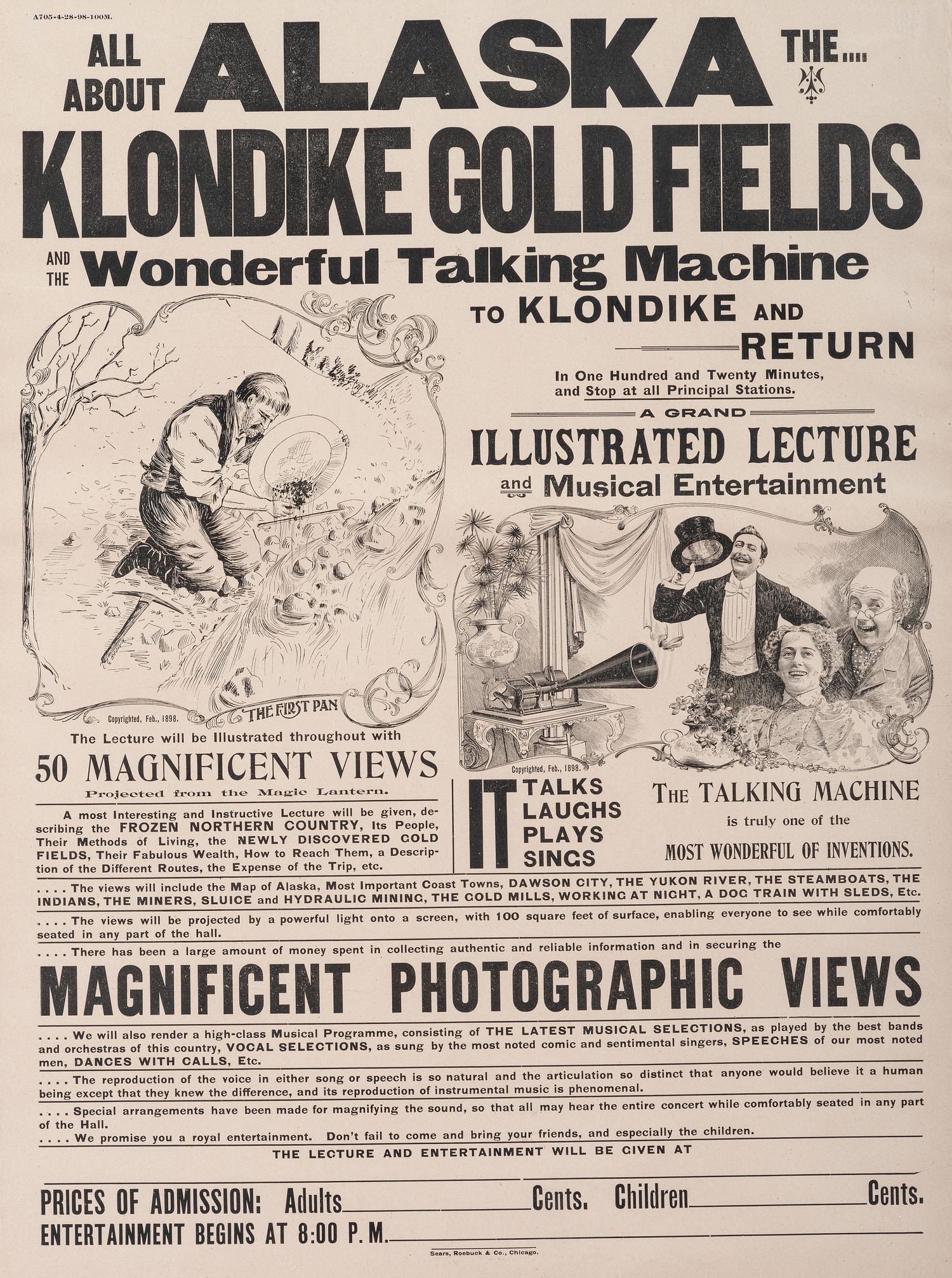 [GOLD MINING]. All About Alaska The....Kondike Gold Fields and the Wonderful Talking machine to Klondike and Return. Chicago: Sears, Roebuck & Co., [1898].