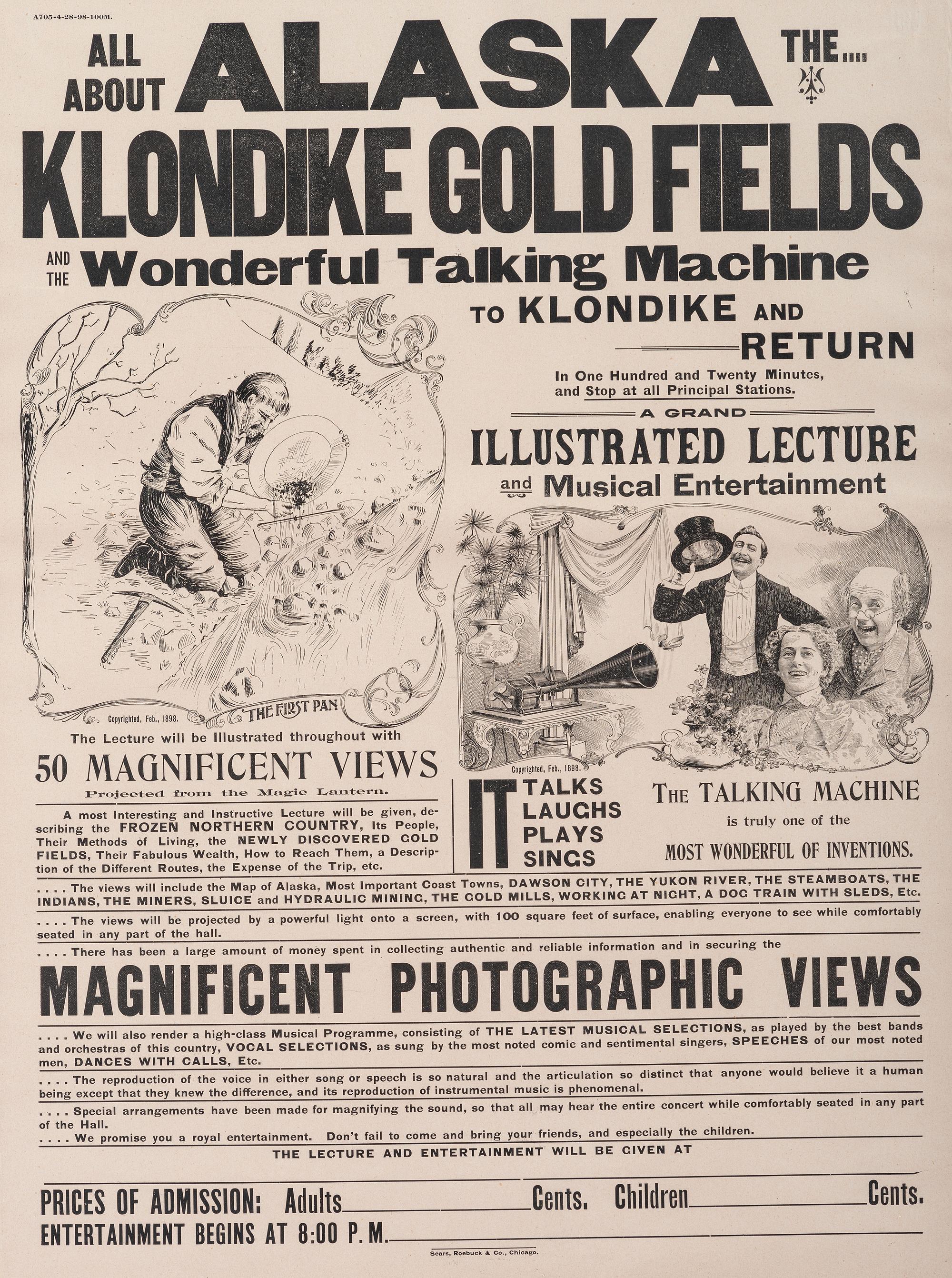 [GOLD MINING]. All About Alaska The....Kondike Gold Fields and the Wonderful Talking machine to Klondike and Return. Chicago: Sears, Roebuck & Co., [1898].