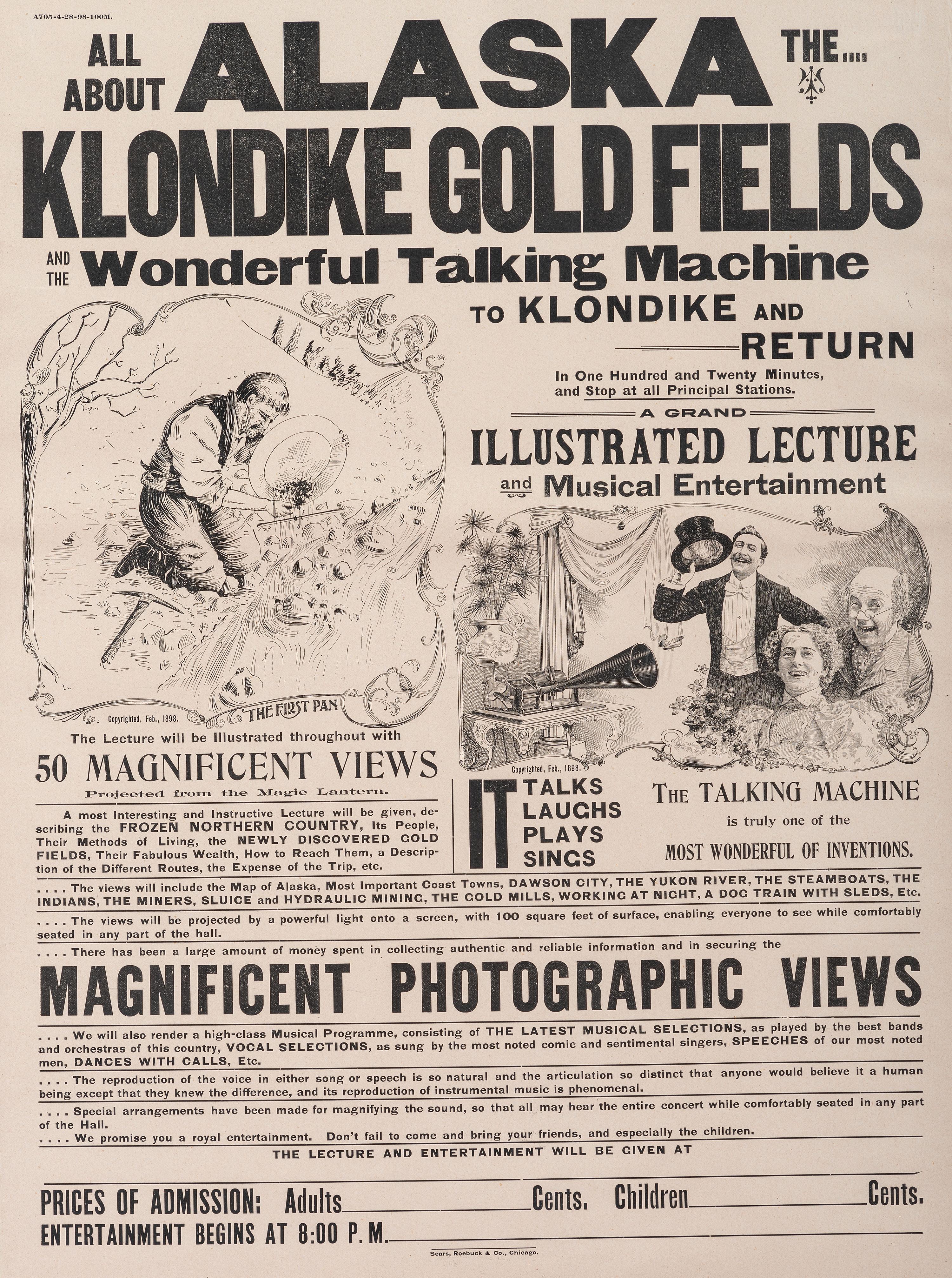 [GOLD MINING]. All About Alaska The....Kondike Gold Fields and the Wonderful Talking machine to Klondike and Return. Chicago: Sears, Roebuck & Co., [1898].