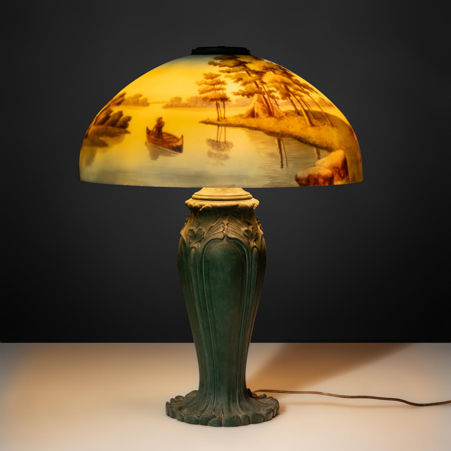 Reverse-painted glass lamp, c. 1910