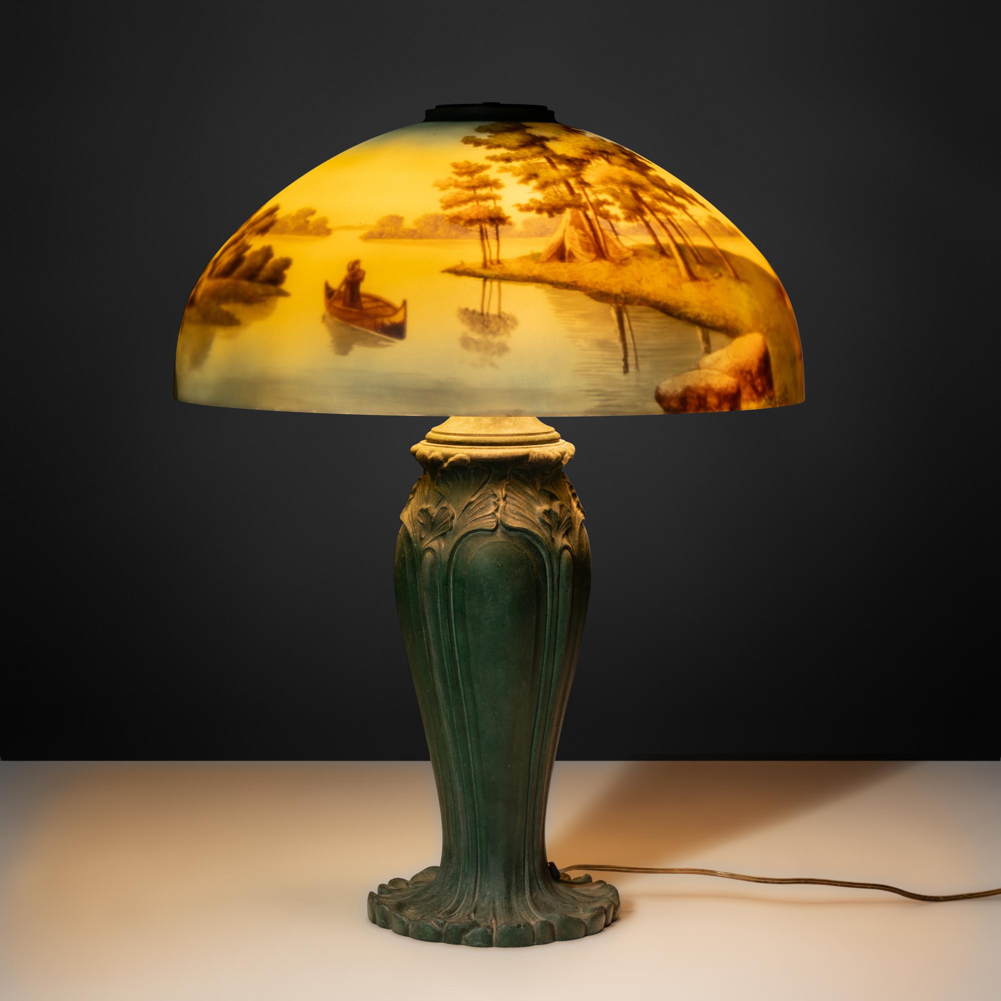 Reverse-painted glass lamp, c. 1910