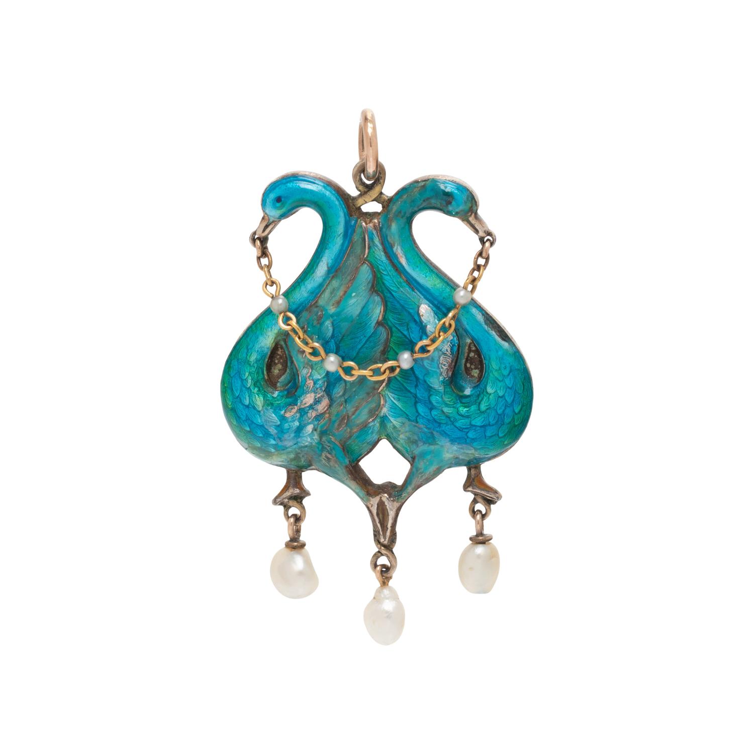 CHILD & CHILD, ART NOUVEAU, ENAMEL AND SEED PEARL BIRD PENDANT