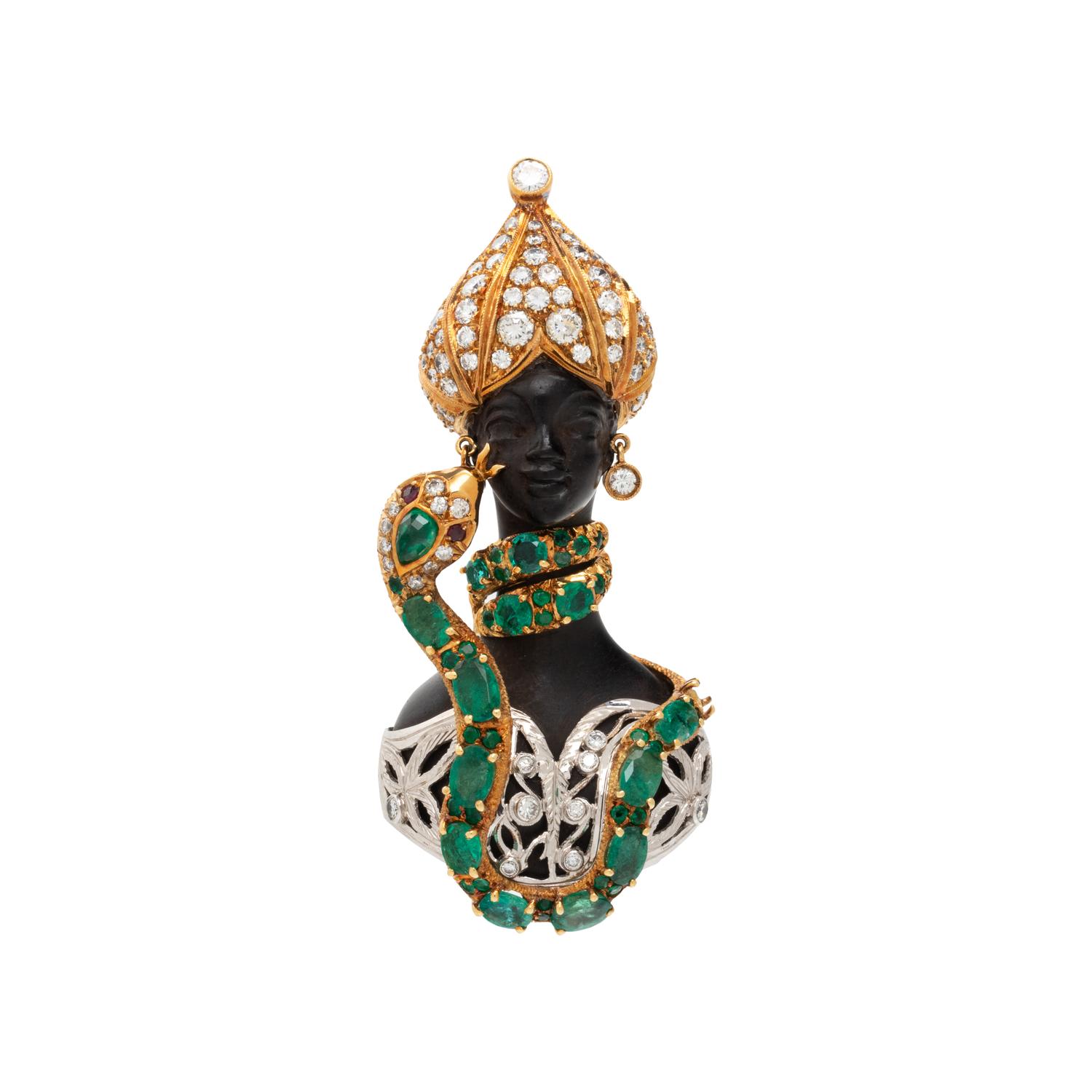 NARDI, BICOLOR GOLD, DIAMOND AND EMERALD BLACKAMOOR BROOCH