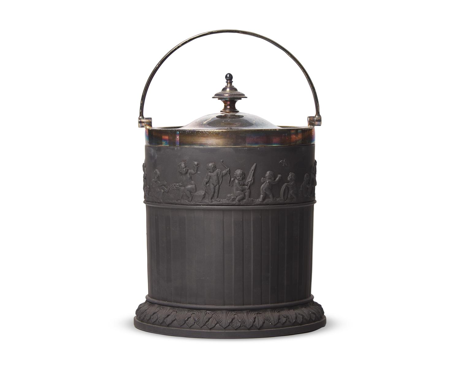 A Wedgwood Silver-Mounted Black Basalt Biscuit Jar