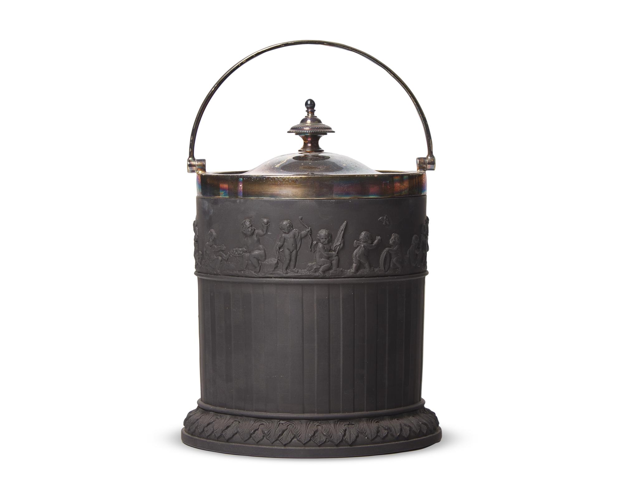 A Wedgwood Silver-Mounted Black Basalt Biscuit Jar