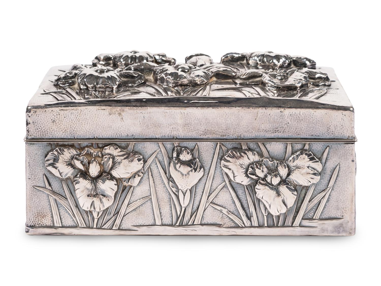 A Japanese Silver Table Box with Iris Flower Decoration