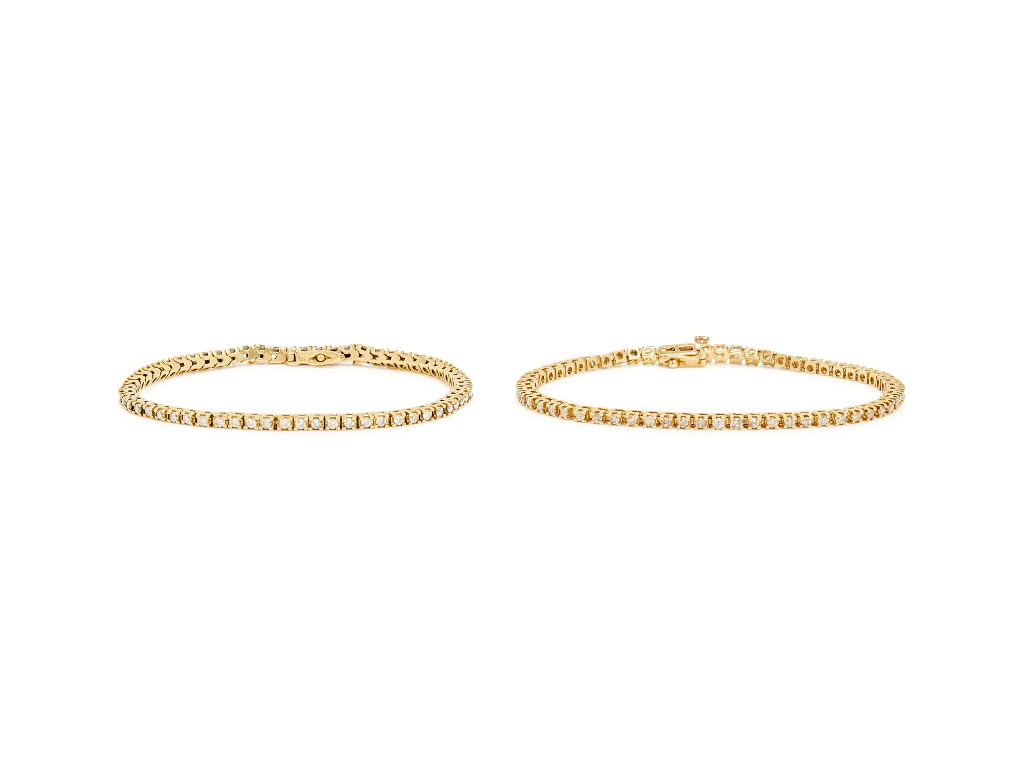 PAIR OF YELLOW GOLD AND DIAMOND LINE BRACELETS