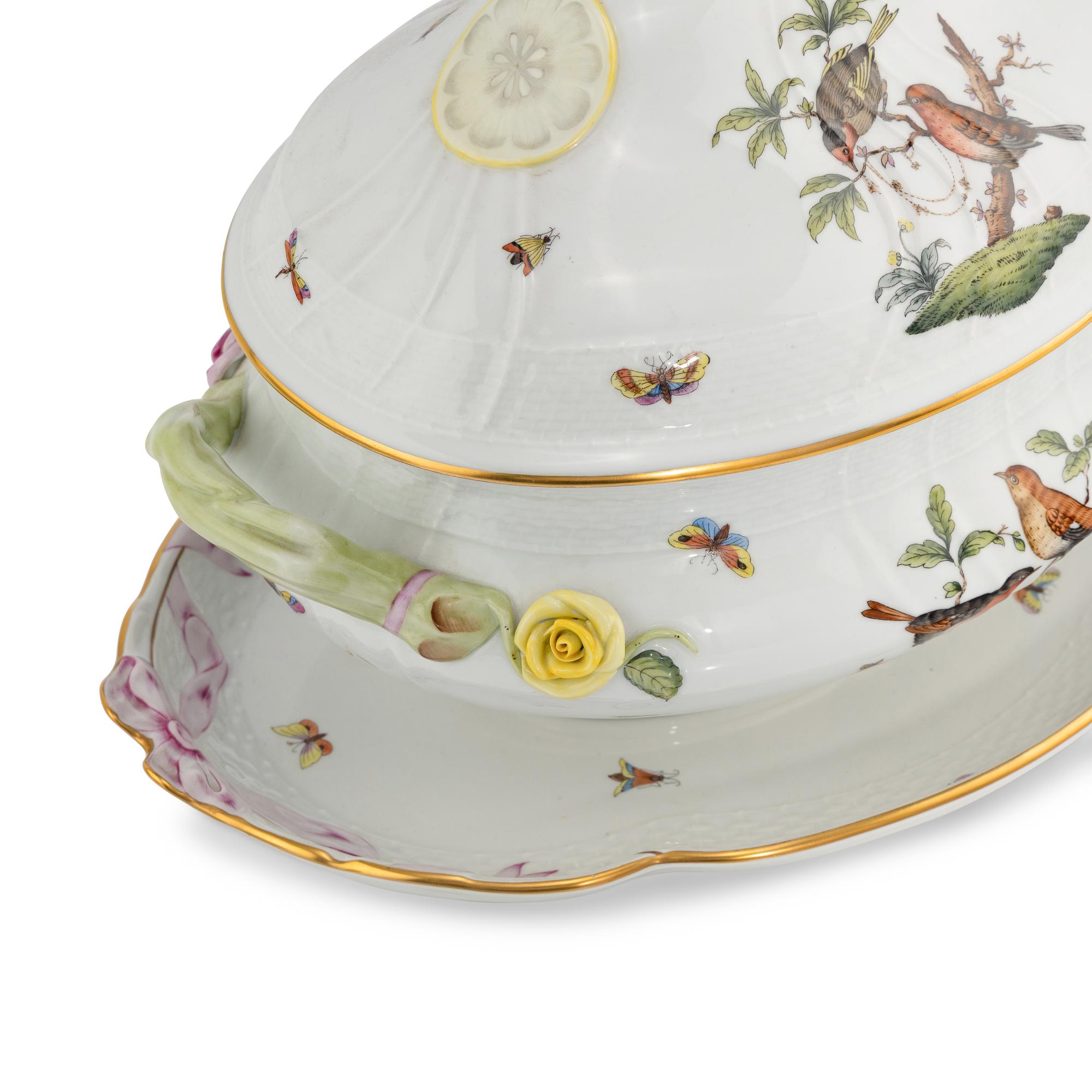 A Herend Rothschild Bird Porcelain Tureen and Underplate