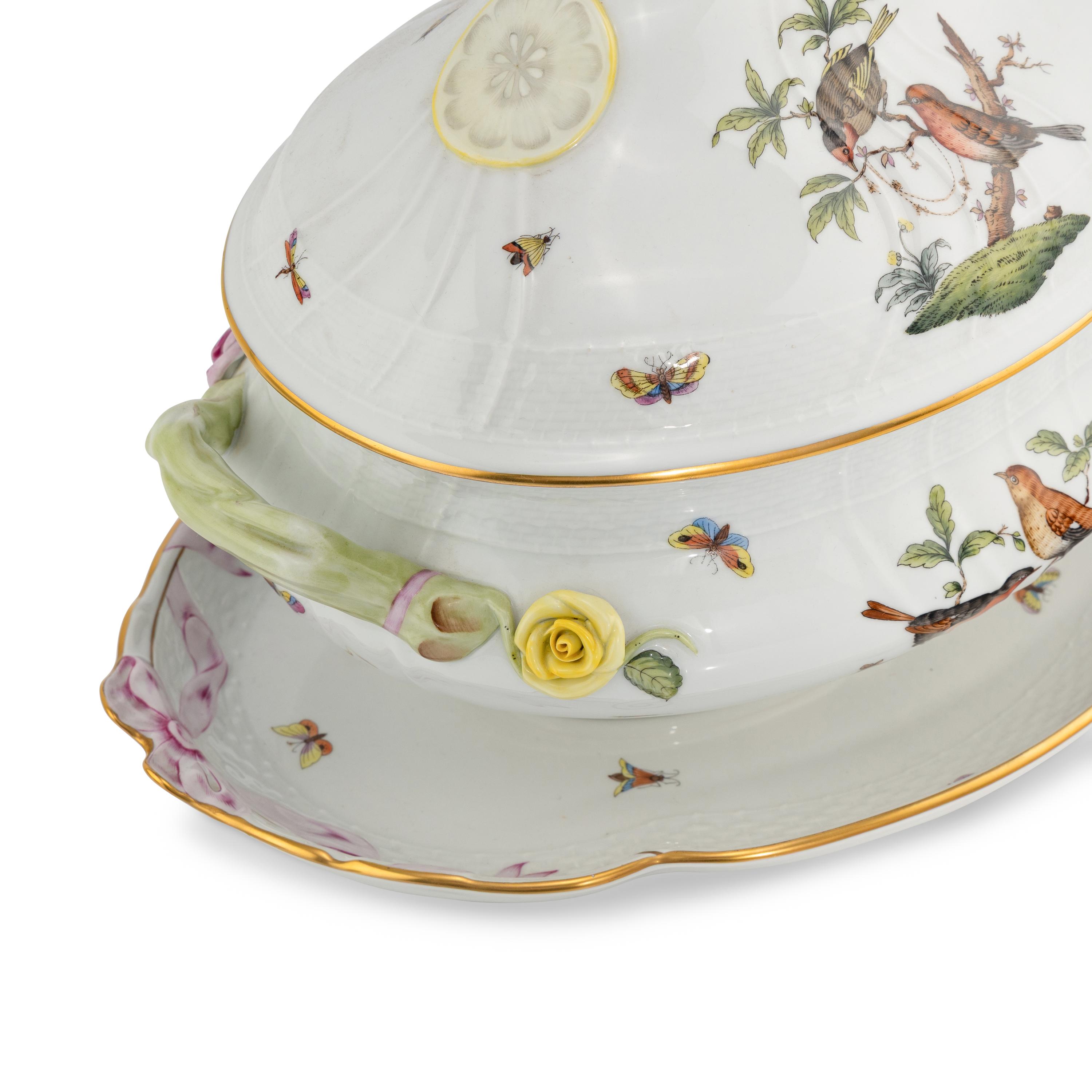 A Herend Rothschild Bird Porcelain Tureen and Underplate