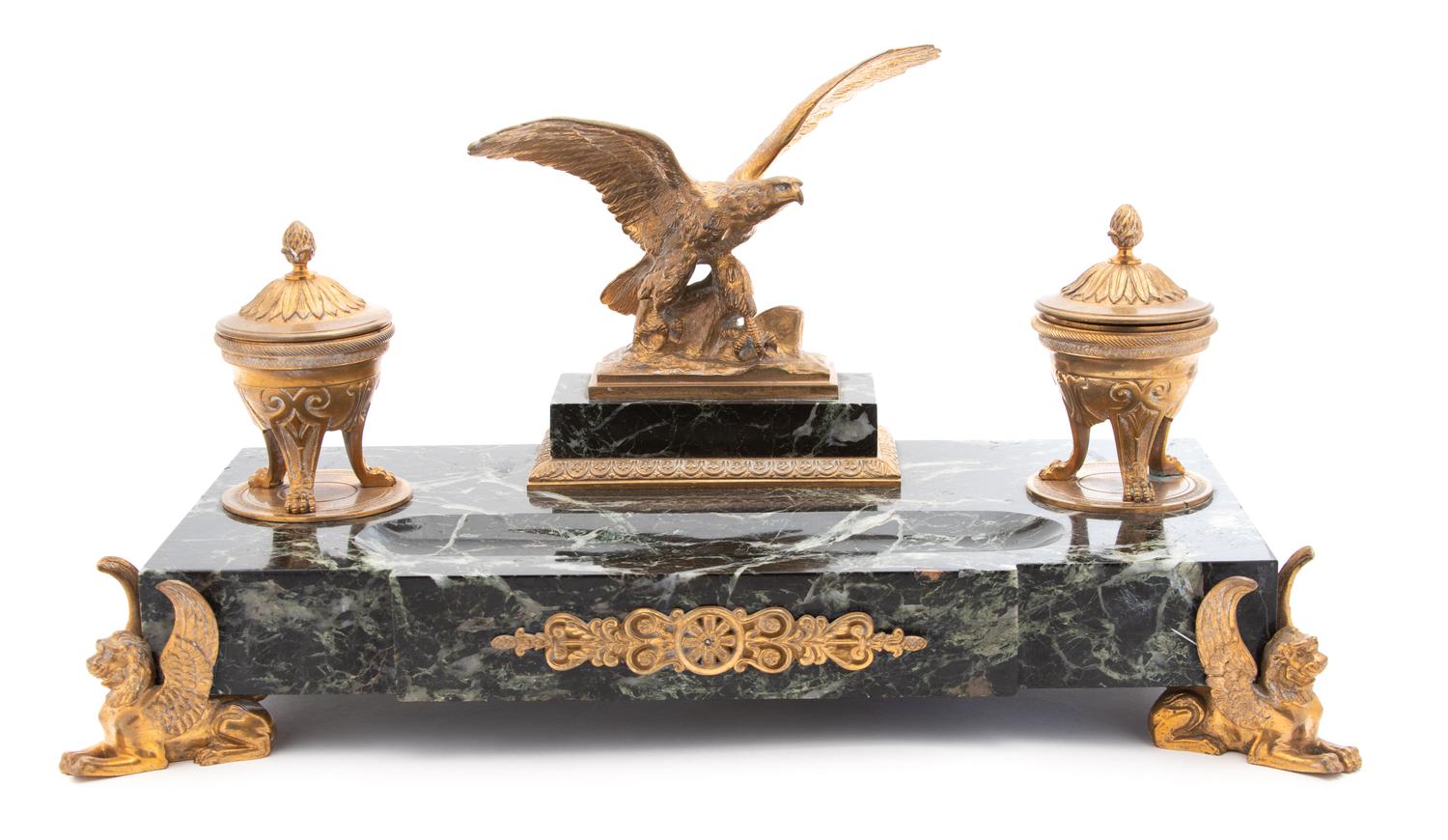 An Empire Style Gilt Bronze & Marble Encrier — 19TH CENTURY