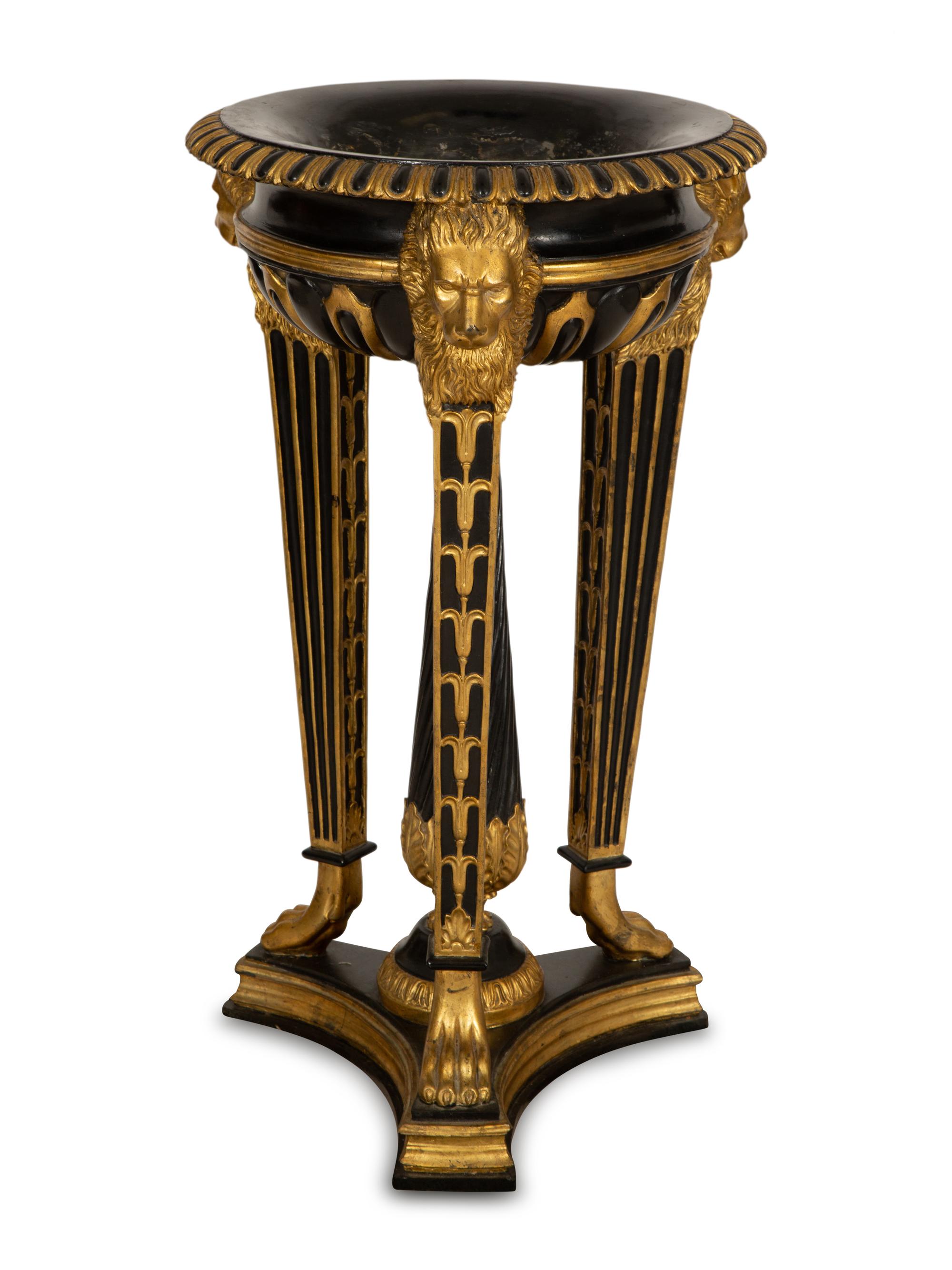 A Pair of Neoclassical Style Ebonized and Parcel Gilt Composition Jardinières on Stands
