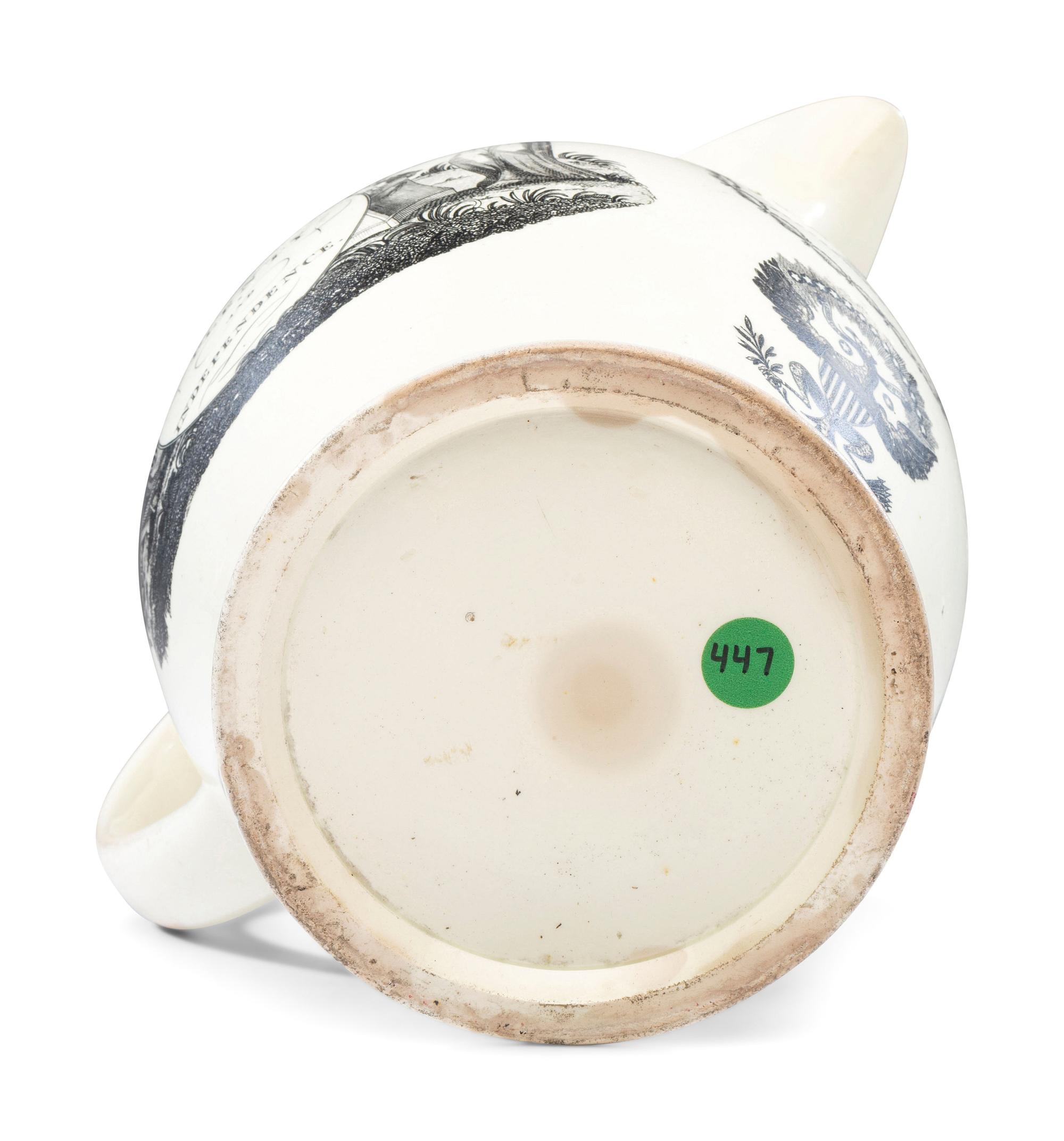 A Liverpool Transfer-Printed Creamware 'Peace, Plenty, and Independence / George Washington' Pitcher